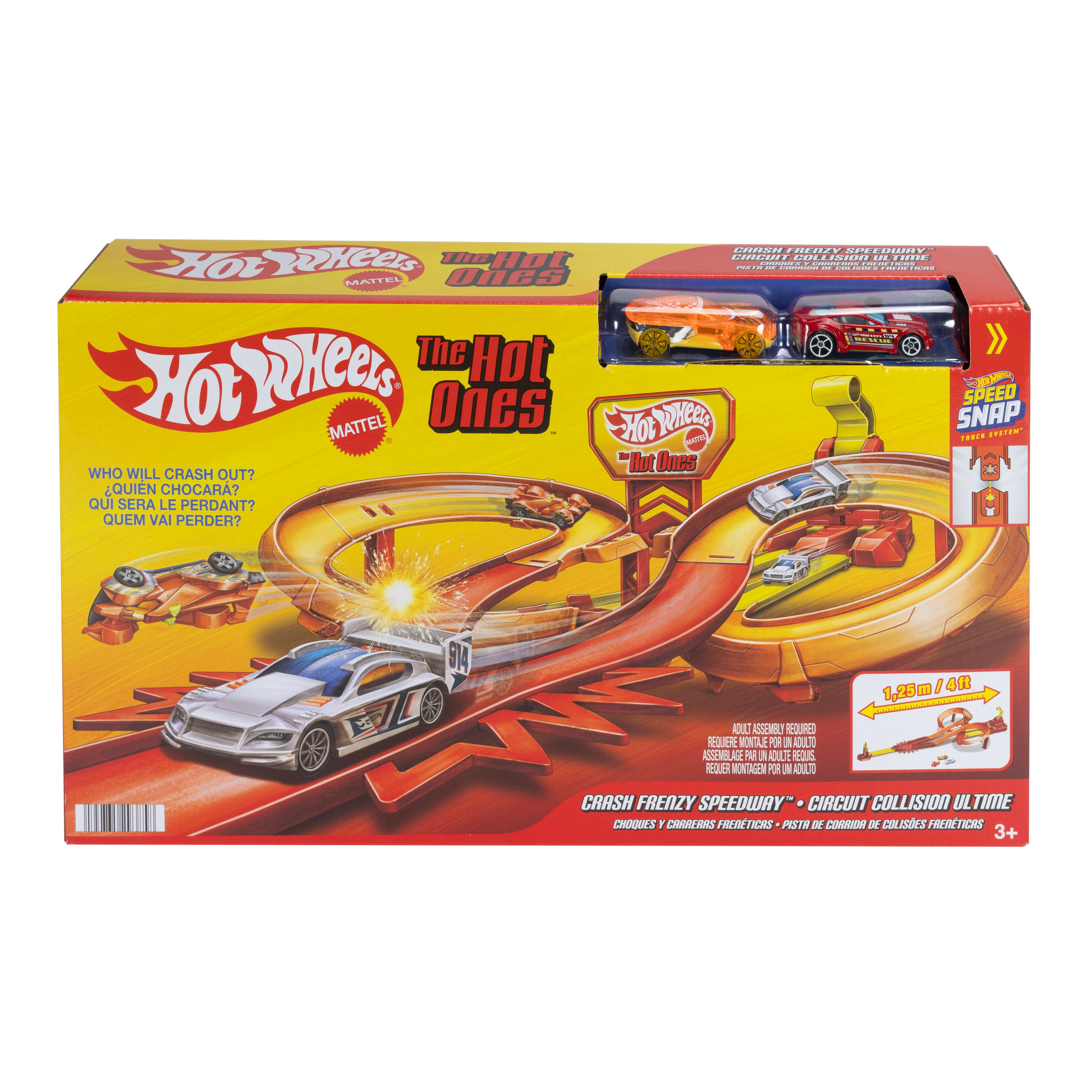 Zestaw Hot Wheels Crash Frenzy. Pokazuje tor z samochodami, płomieniami i pudełkiem z detalami i tekstem.