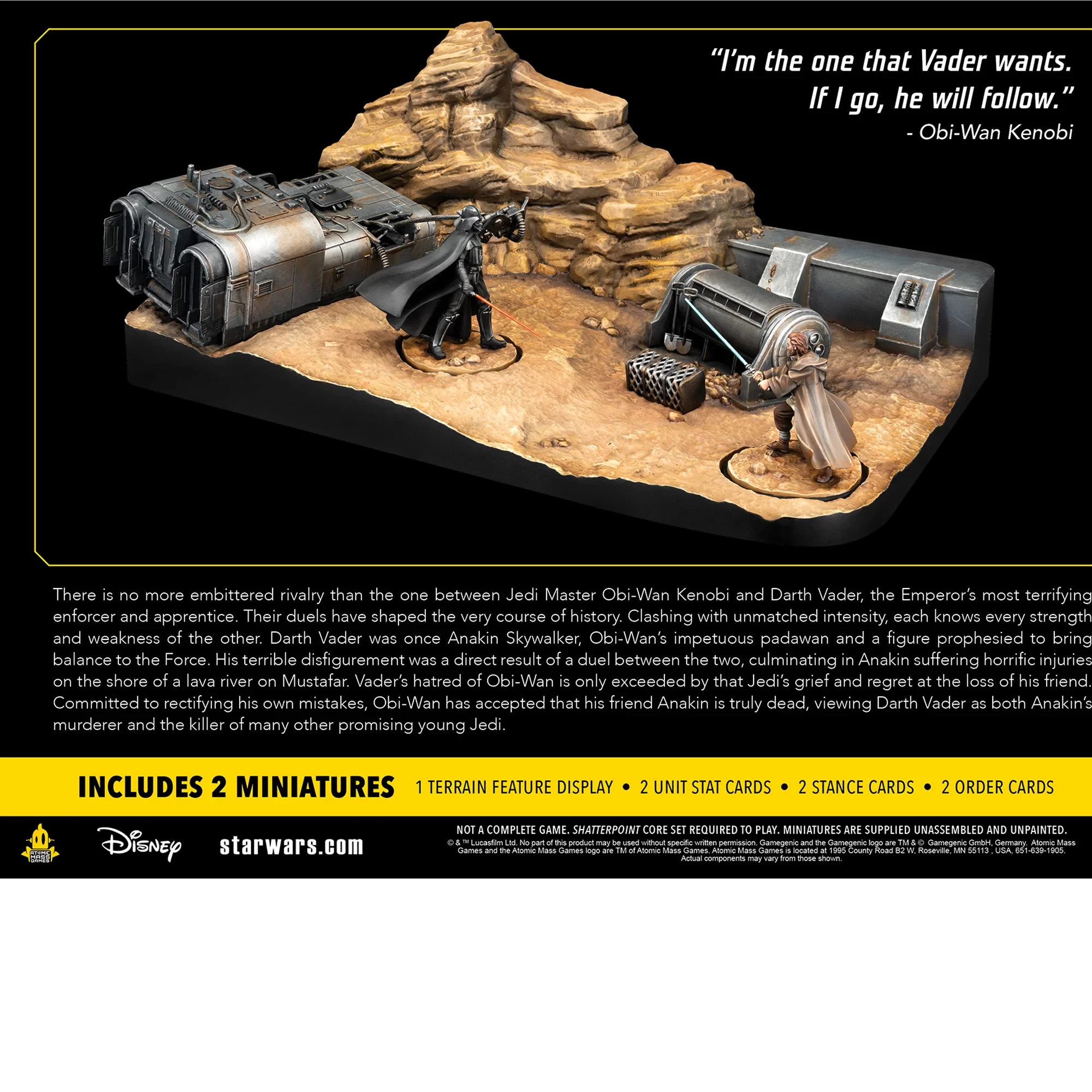 Star Wars Miniaturszene. Darth Vader und Obi-Wan Kenobi stehen sich mit Lichtschwertern gegenüber, mit Strukturen und Felsen im Hintergrund.