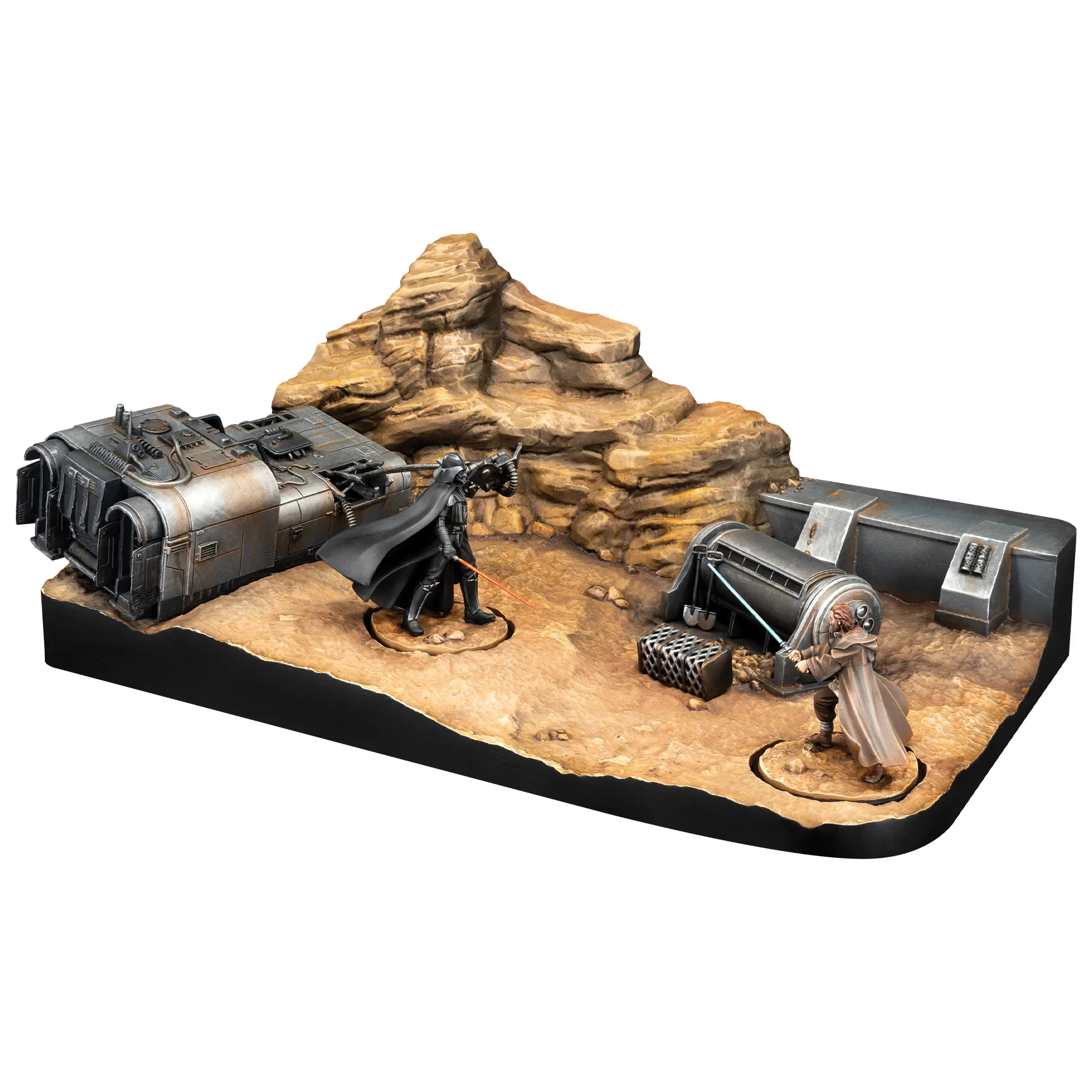 Diorama der Star Wars-Szene. Darth Vader und Obi-Wan Kenobi duellieren sich in der Nähe eines abgestürzten Fahrzeugs, mit Felsformationen im Hintergrund.