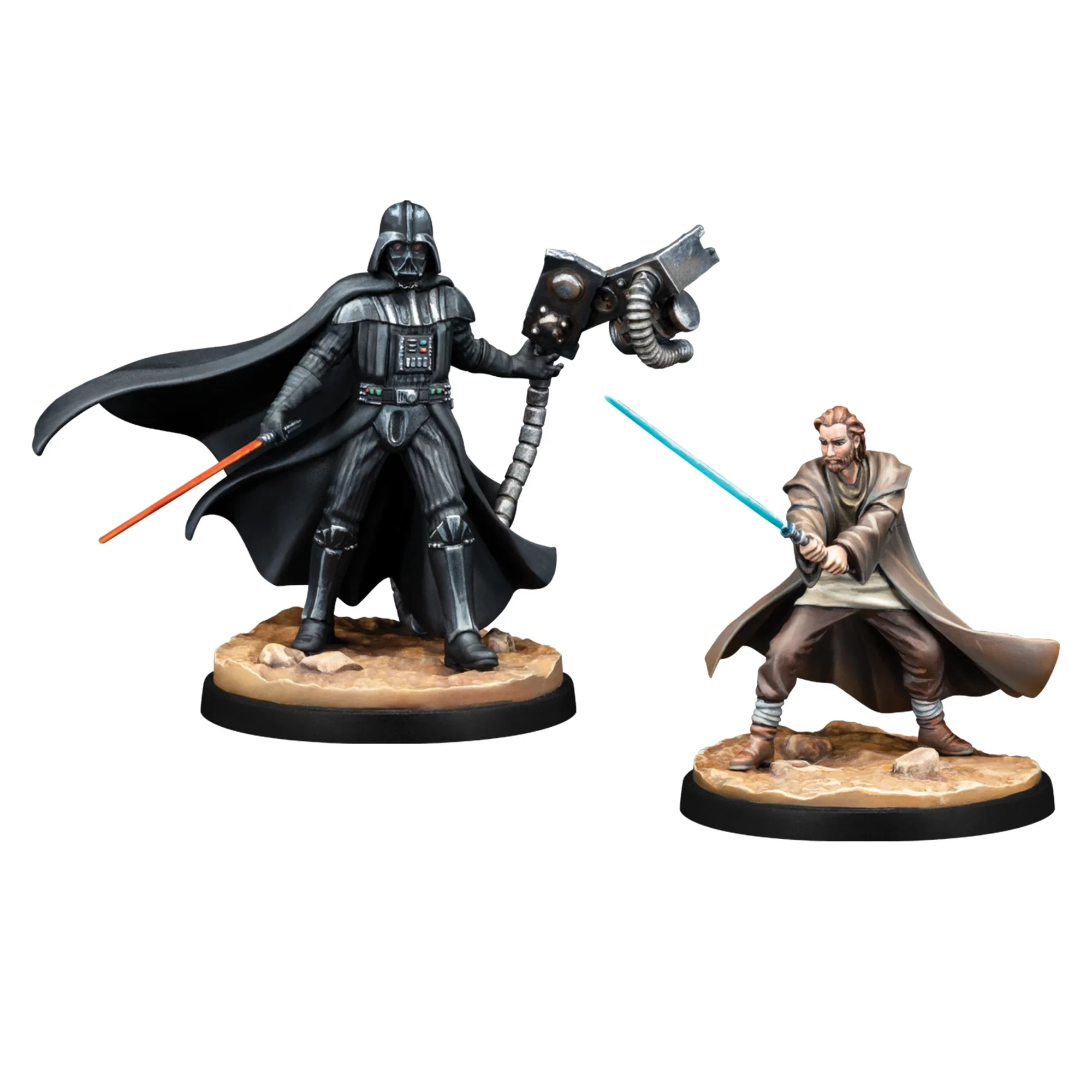 Darth Vader mit Lichtschwert und Waffe. Obi-Wan Kenobi mit Lichtschwert. Beide stehen auf einem Sockel.