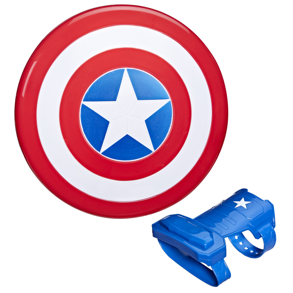 Lo scudo di Capitan America, rosso, bianco e blu, con una stella bianca su un cerchio blu. È visibile anche un dispositivo da polso blu.