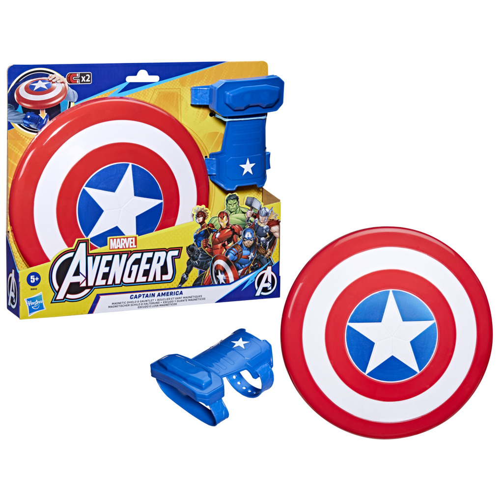 Set di giocattoli scudo di Captain America. Include scudo, guanto e confezione con personaggi degli Avengers. Lo scudo è rosso, bianco e blu.