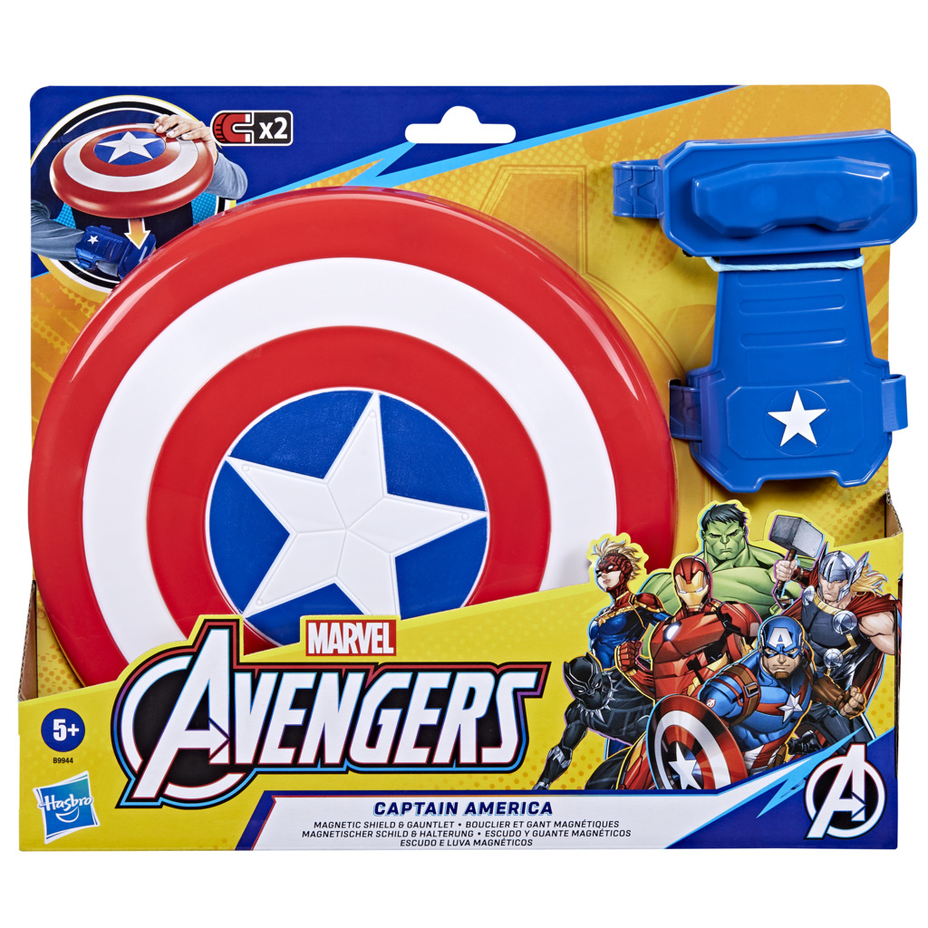 Set di giocattoli scudo e guanto di Captain America dei Marvel Avengers nella confezione. Include scudo, guanto e personaggi degli Avengers.