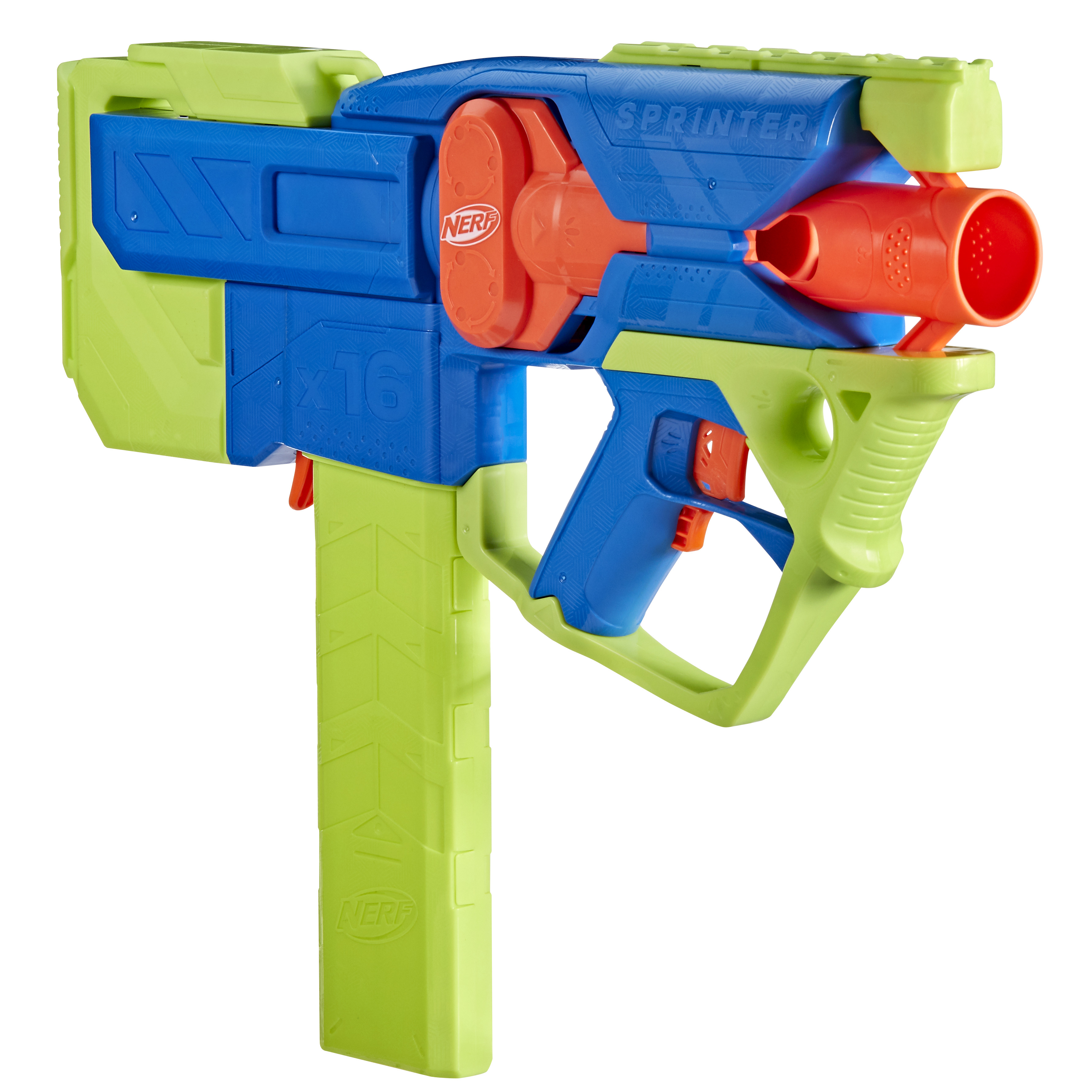Pistolet Nerf Sprinter, niebiesko-zielony z pomarańczowymi detalami. Ma uchwyt i magazynek.