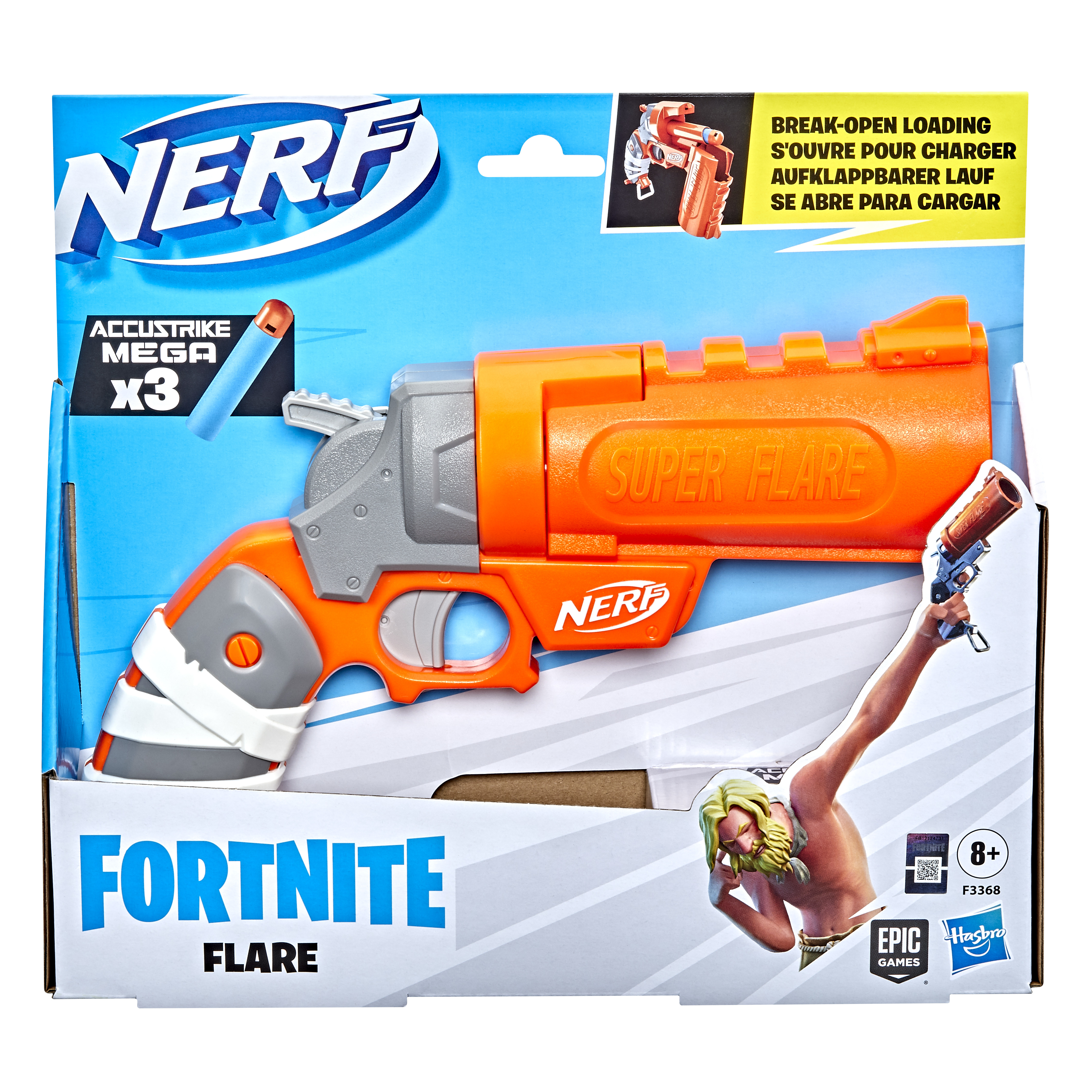 Una caja del lanzador Nerf Fortnite Flare. Presenta un lanzador naranja, un personaje de Fortnite y los logotipos de Nerf y Fortnite.