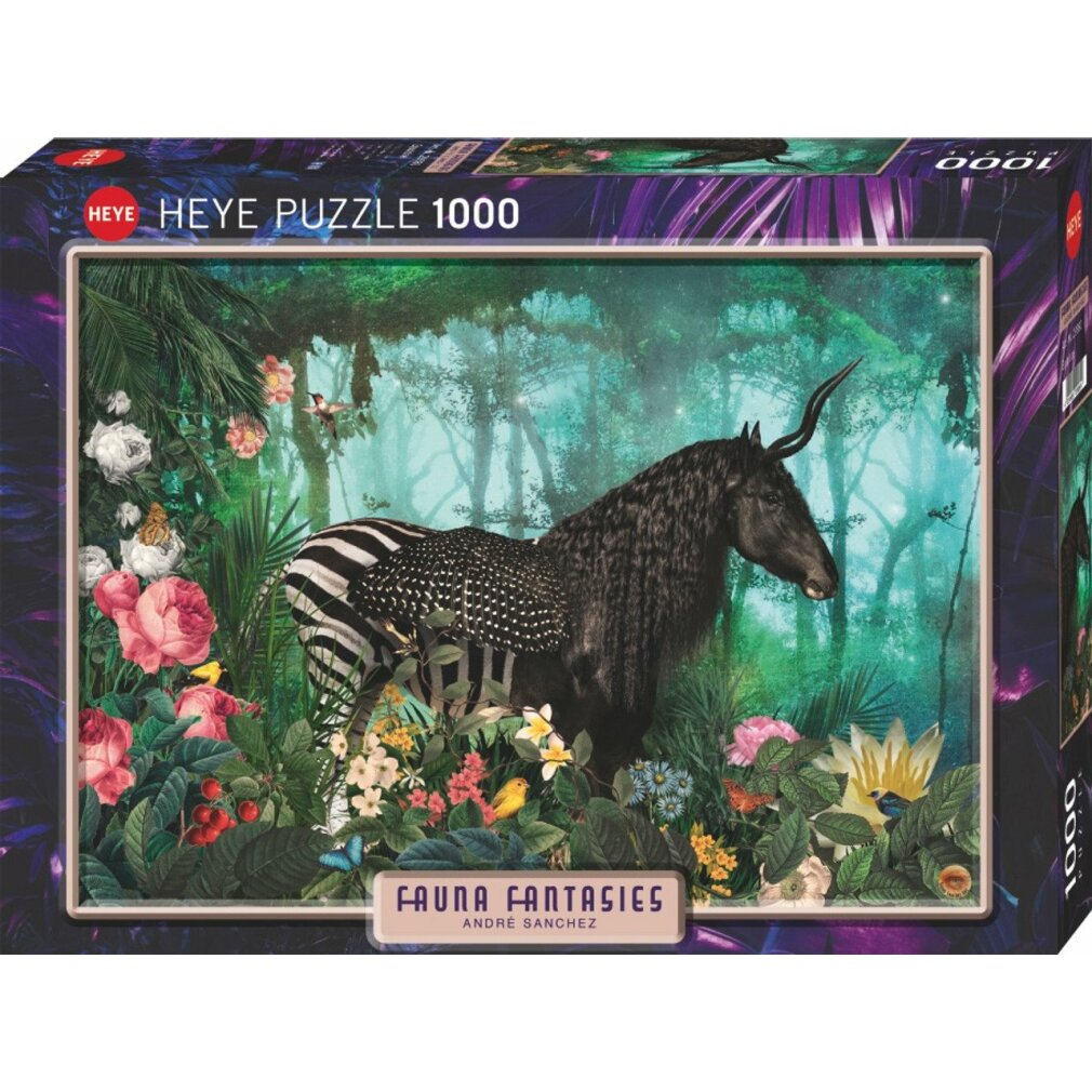 Scatola di puzzle. Un cavallo nero con strisce zebrate e schiena a pois è in una giungla floreale. La scatola recita 'Fauna Fantasies'.