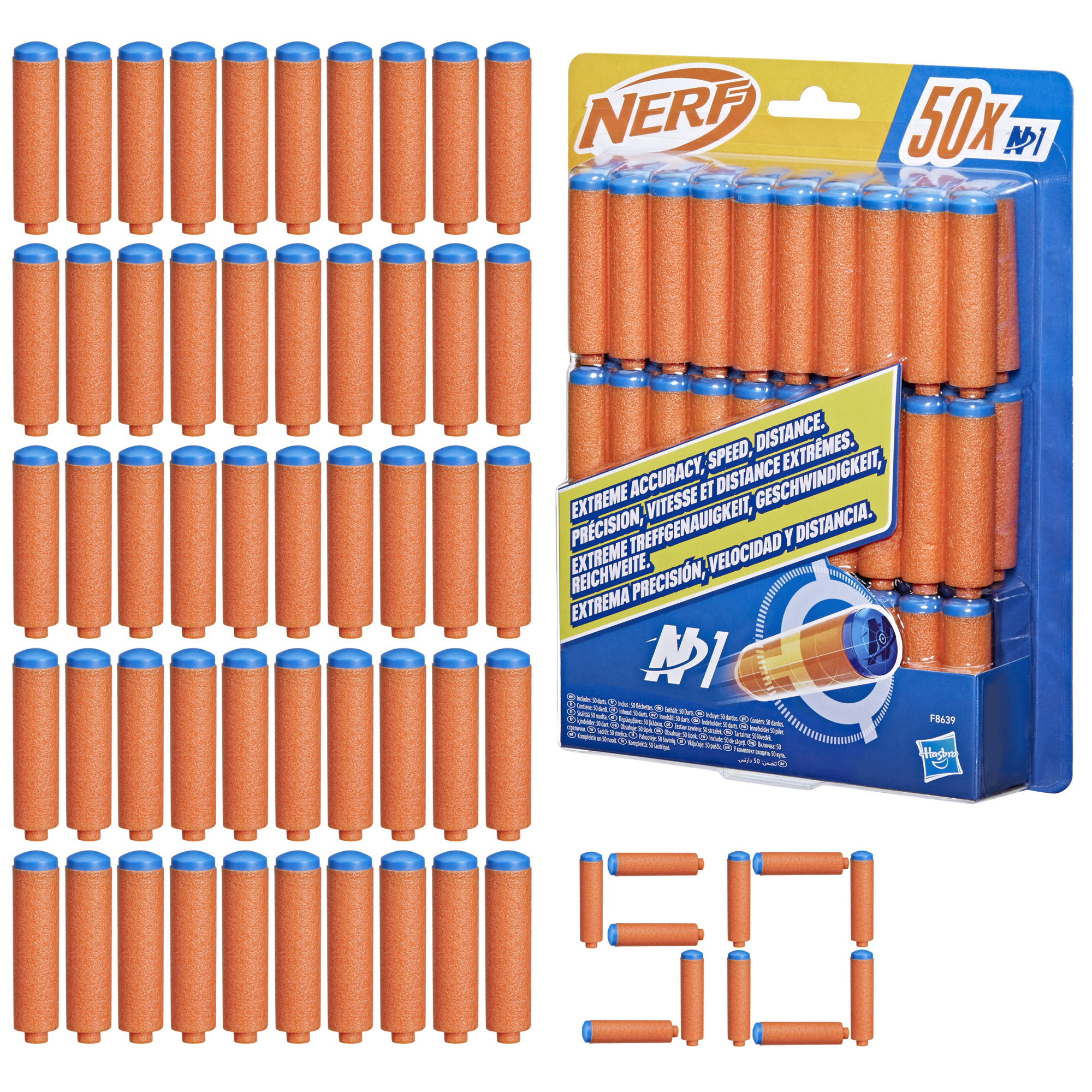 La imagen muestra dardos Nerf naranjas y azules en un paquete. Algunos dardos están dispuestos para deletrear '50'.