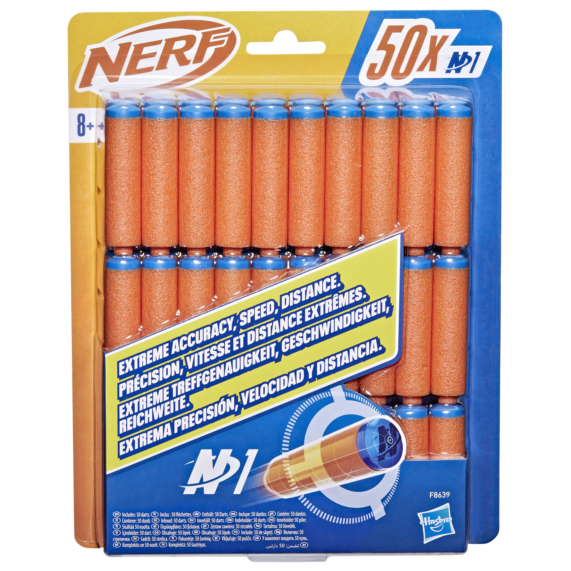 Un paquete de 50 dardos Nerf. Dardos de espuma naranja con puntas azules dispuestos en filas, fondo azul y amarillo.