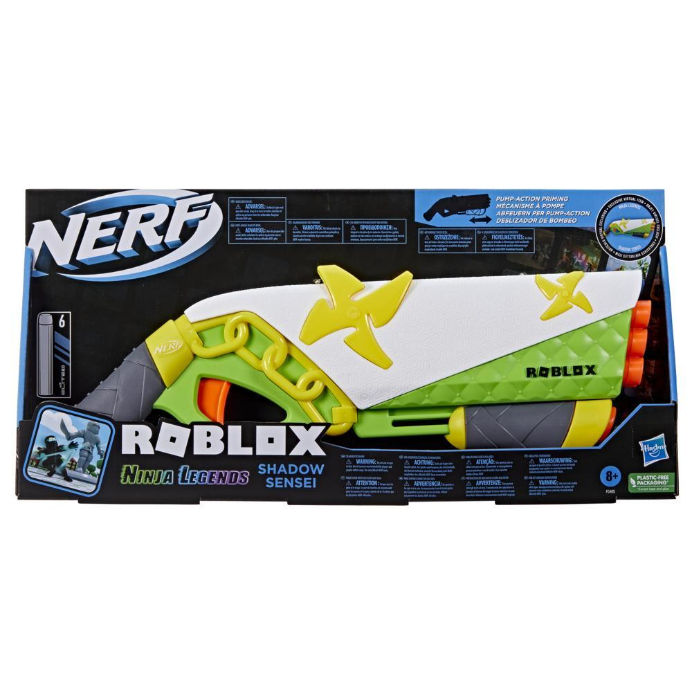 Nerf Roblox Ninja Legends Shadow Sensei, zabawkowy pistolet w pudełku z żółtymi gwiazdami i kolorami zielonym, białym, pomarańczowym i czarnym.