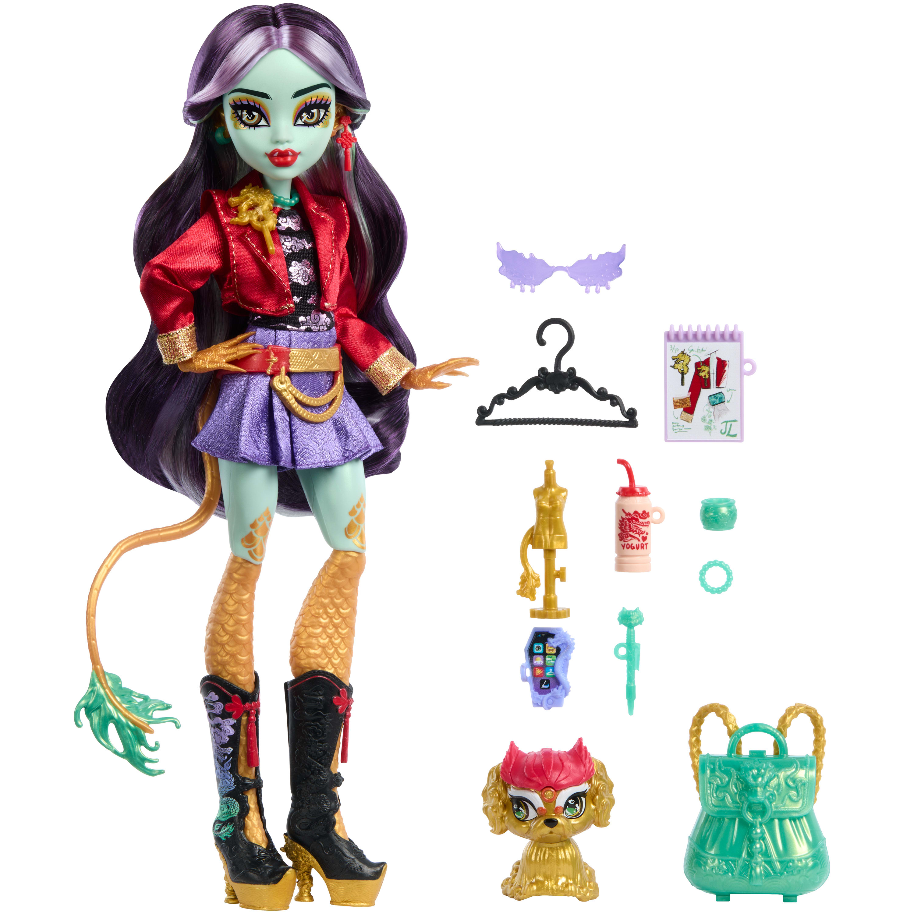 Una muñeca Monster High con accesorios. La muñeca tiene cabello morado, chaqueta roja, falda morada y botas negras. Accesorios en el fondo.