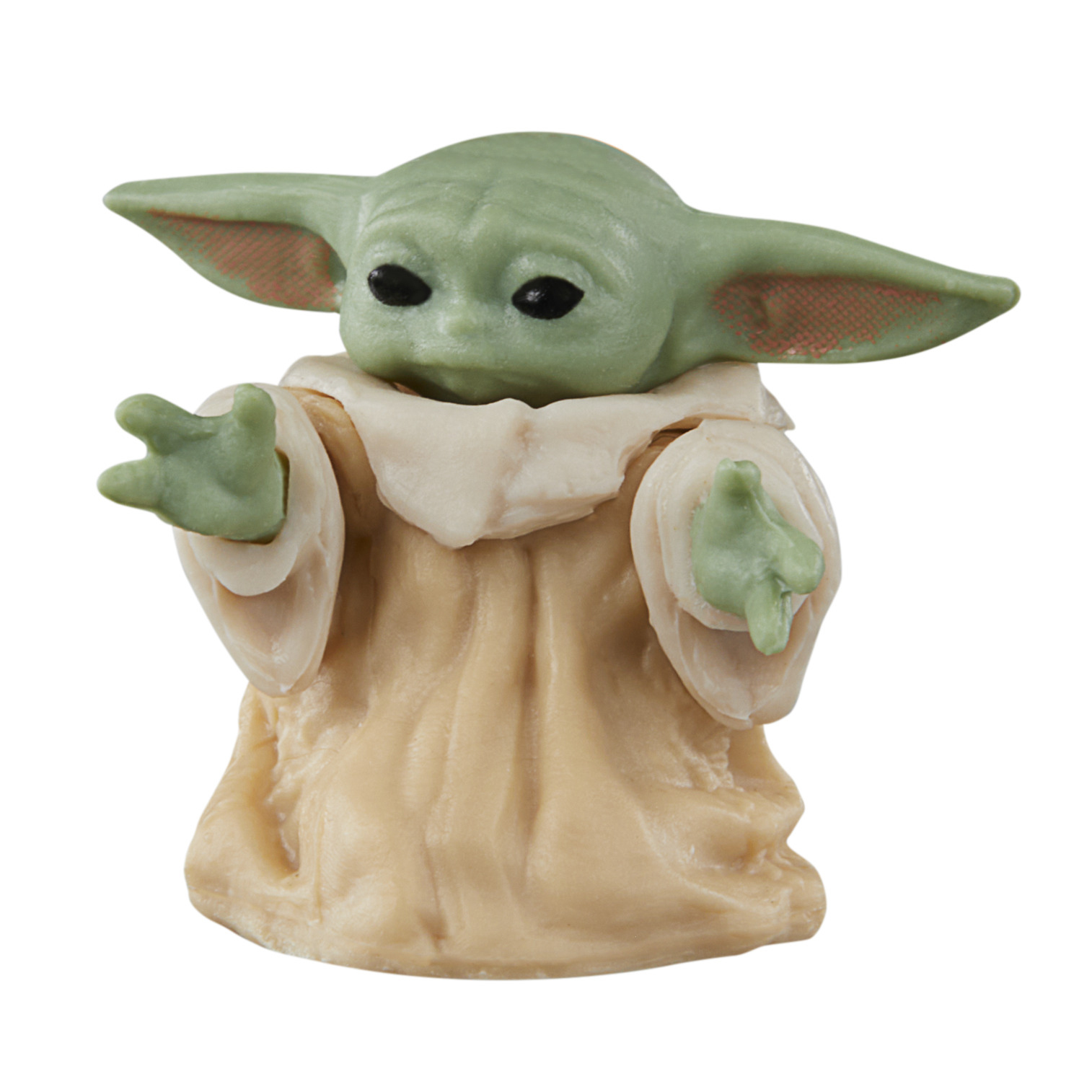 Büyük kulakları ve açık kolları olan yeşil bir Baby Yoda figürü. Bej bir elbise giymiş, küçük ellerini uzatmış ve siyah gözleri var.