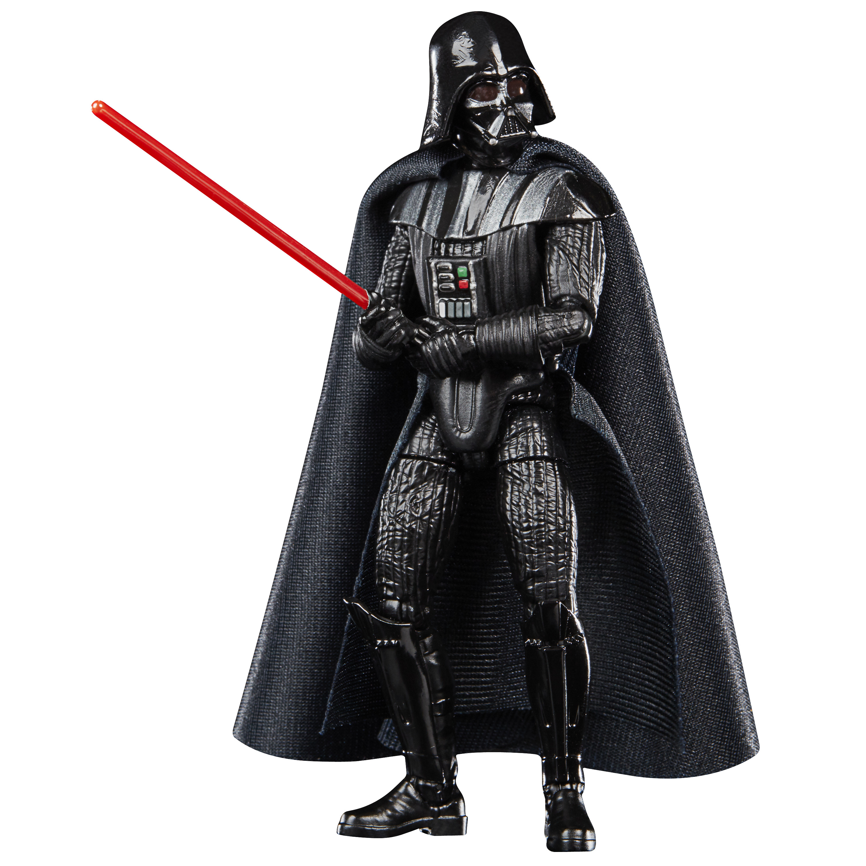 Action figure di Darth Vader con spada laser rossa, tuta nera e mantello. Figura su sfondo bianco.