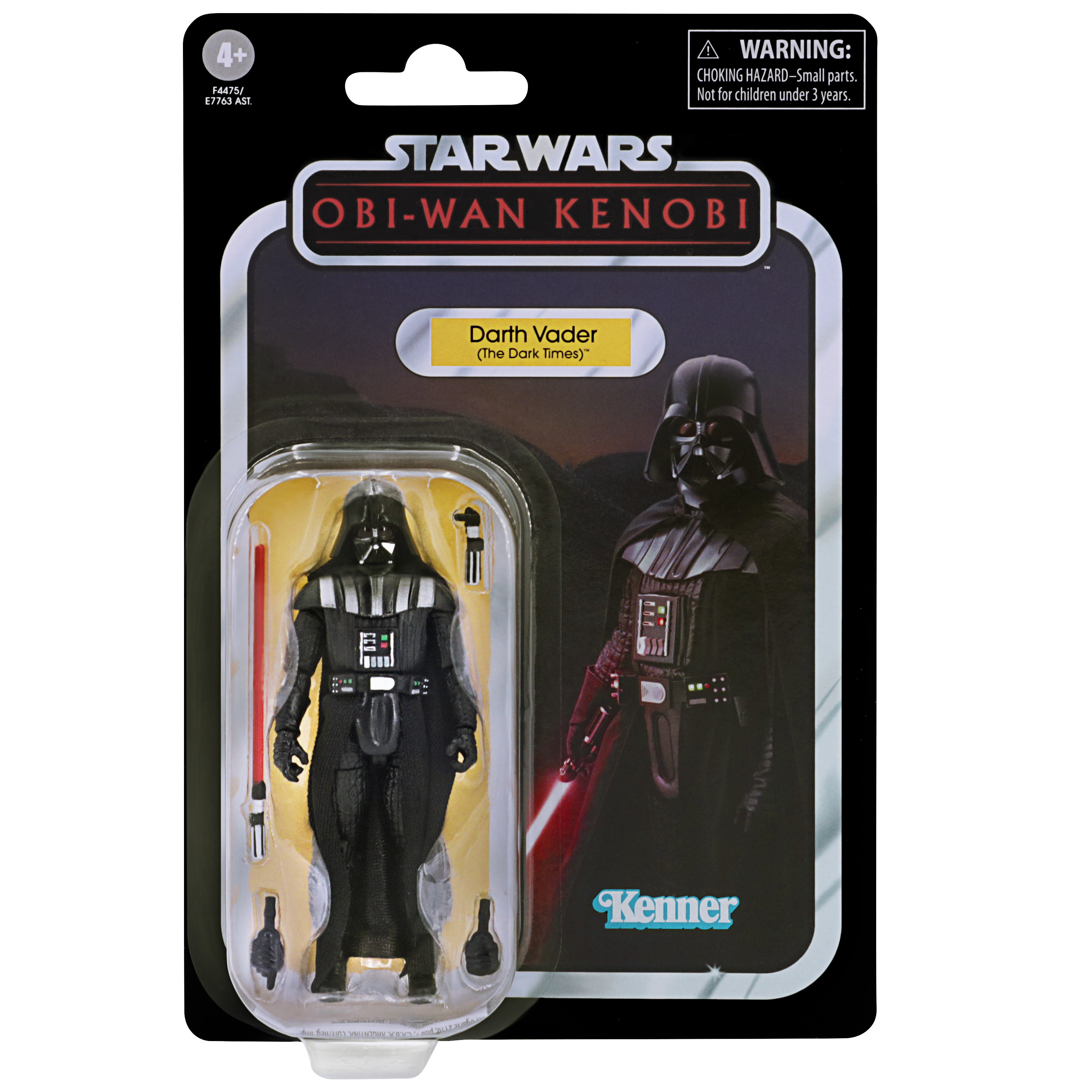 Una action figure di Darth Vader di Star Wars nella confezione. La figura è nera, con una spada laser rossa e un'immagine di Darth Vader.