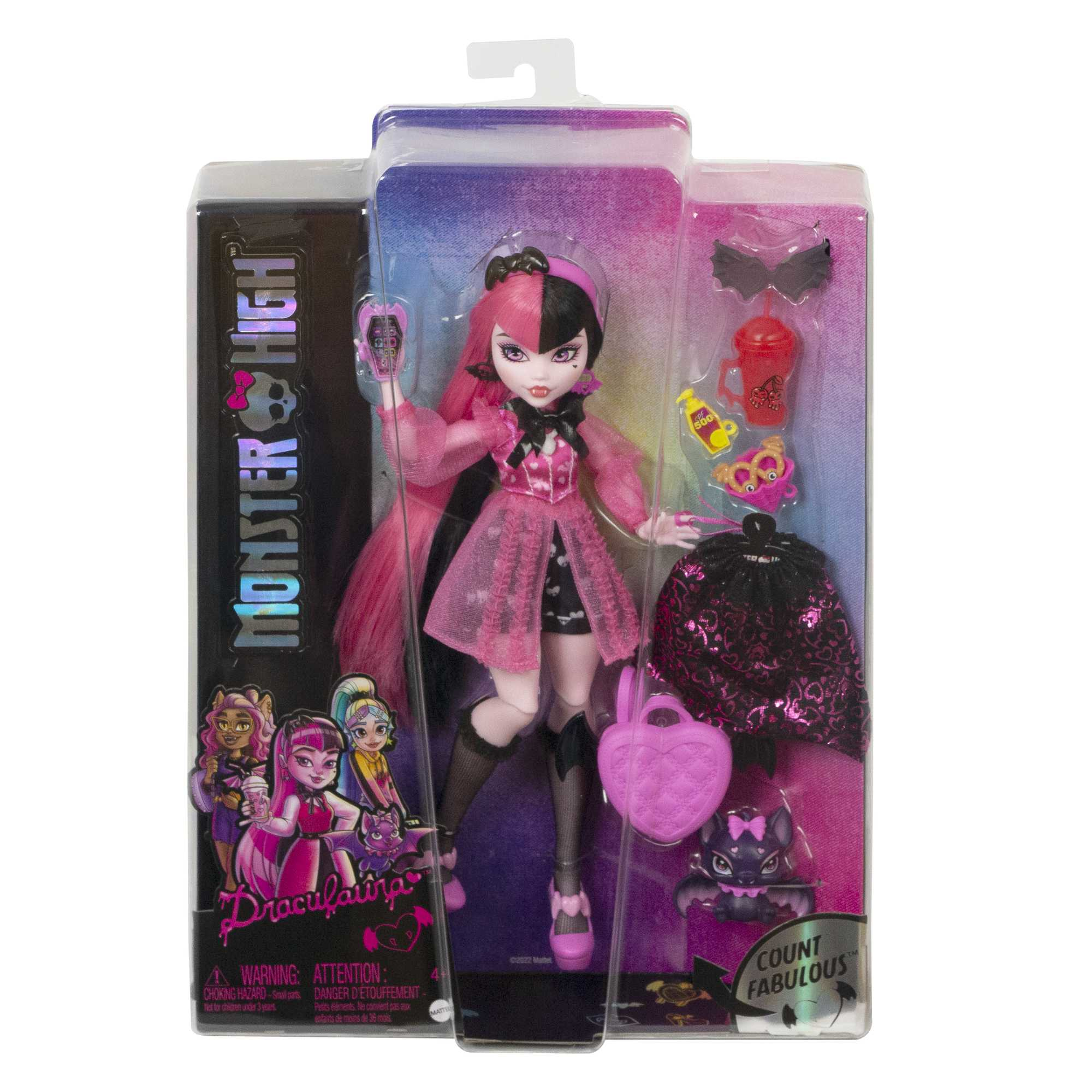 Monster High Draculaura-Puppe in Verpackung. Rosa und schwarzes Outfit, Zubehör und ein fledermausförmiges Haustier sind enthalten.