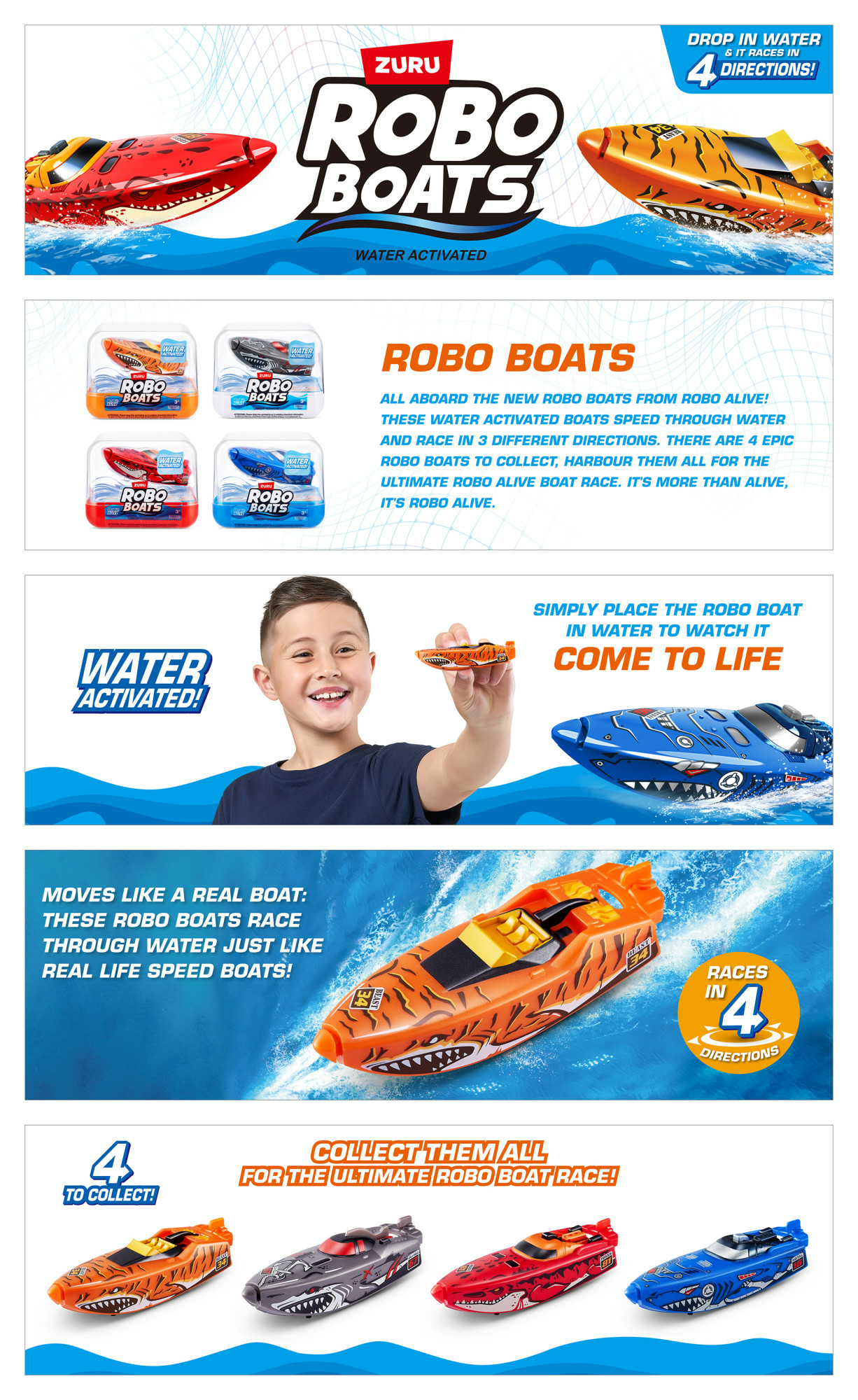 Reklama Robo Boats. Pokazuje łodzie w akcji, opakowania i dziecko z łodzią. Tekst podkreśla cechy.