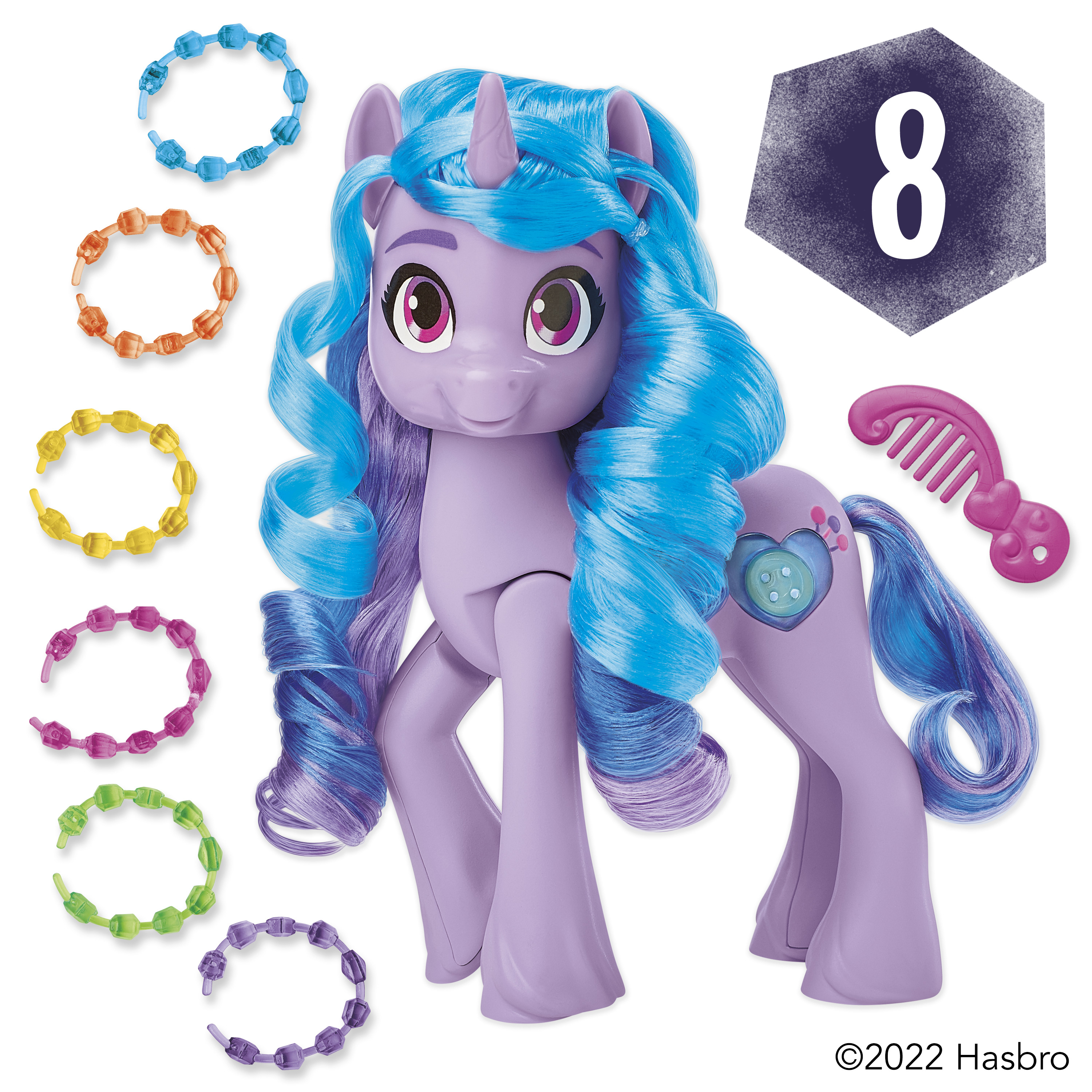 Un juguete My Little Pony morado con cabello azul, accesorios y el número 8. Producto Hasbro.