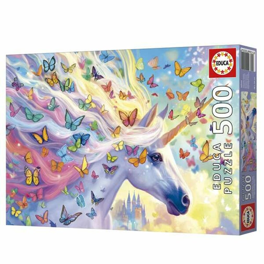 Eine Puzzledose mit einem Einhorn mit Schmetterlingsflügeln, umgeben von bunten Schmetterlingen. Auf der Schachtel steht Educa Puzzle 500.