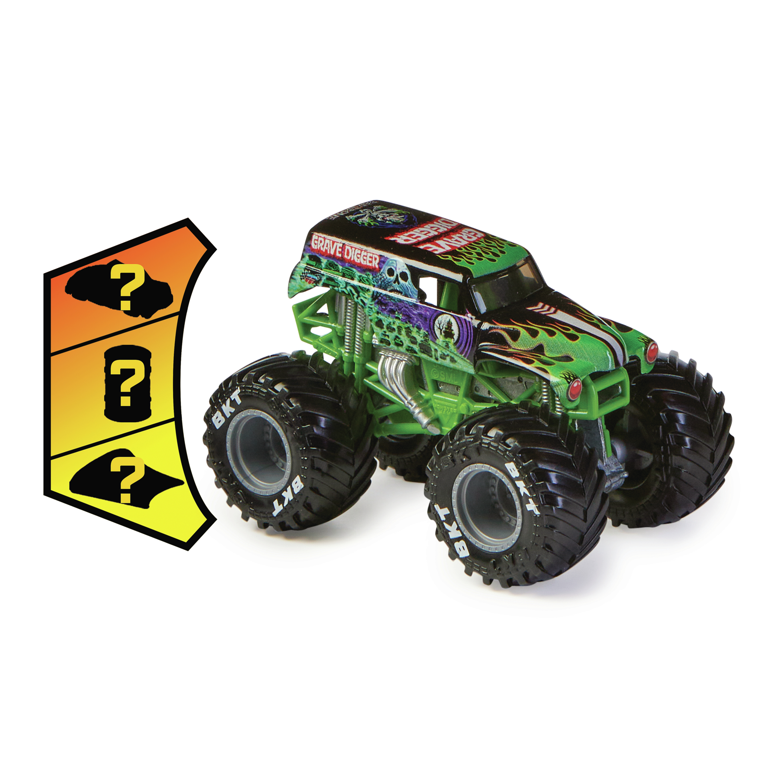 Zielona i czarna zabawka Grave Digger monster truck na białym tle z ikoną znaku zapytania.
