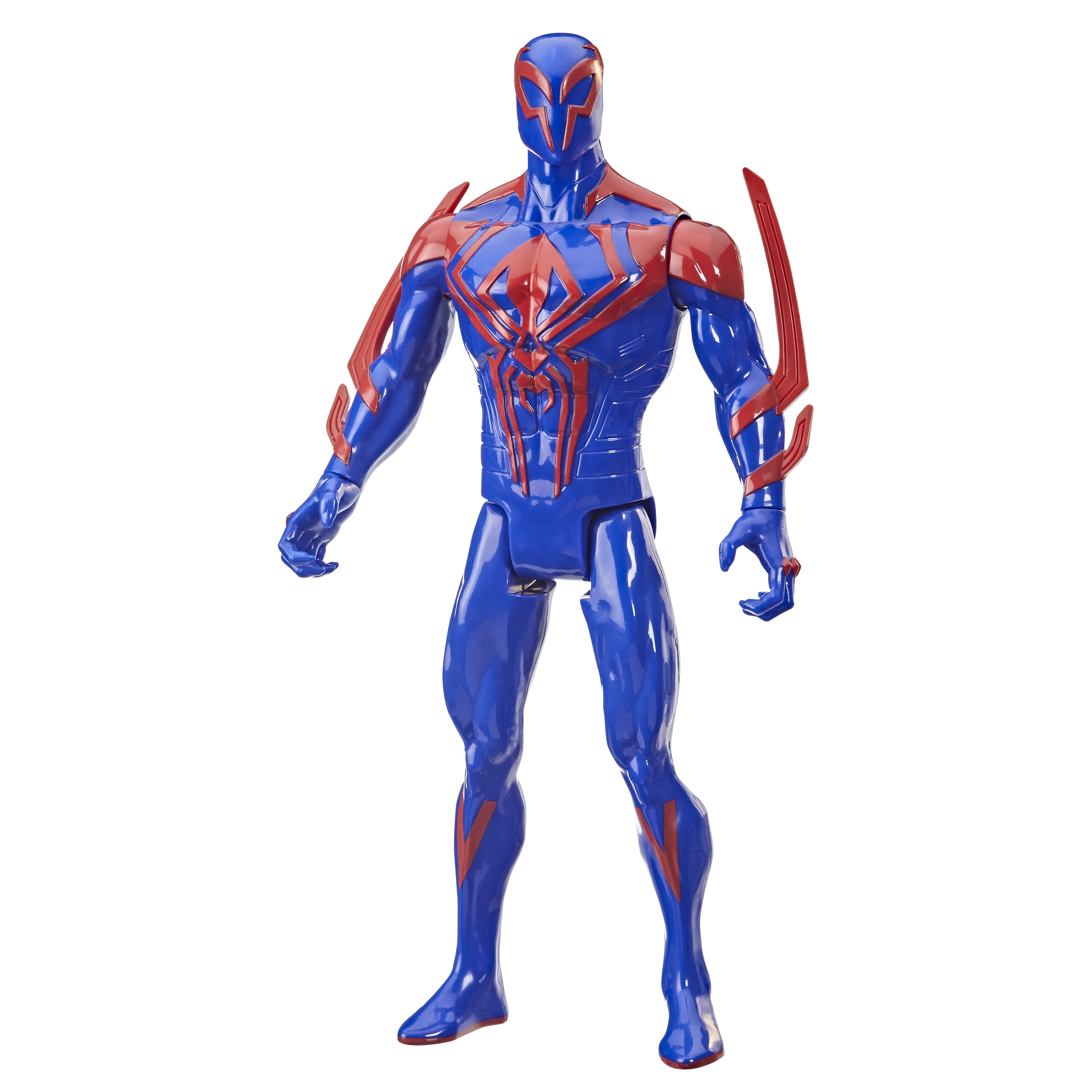 Un personaggio d'azione di Spider-Man blu e rosso su sfondo bianco.