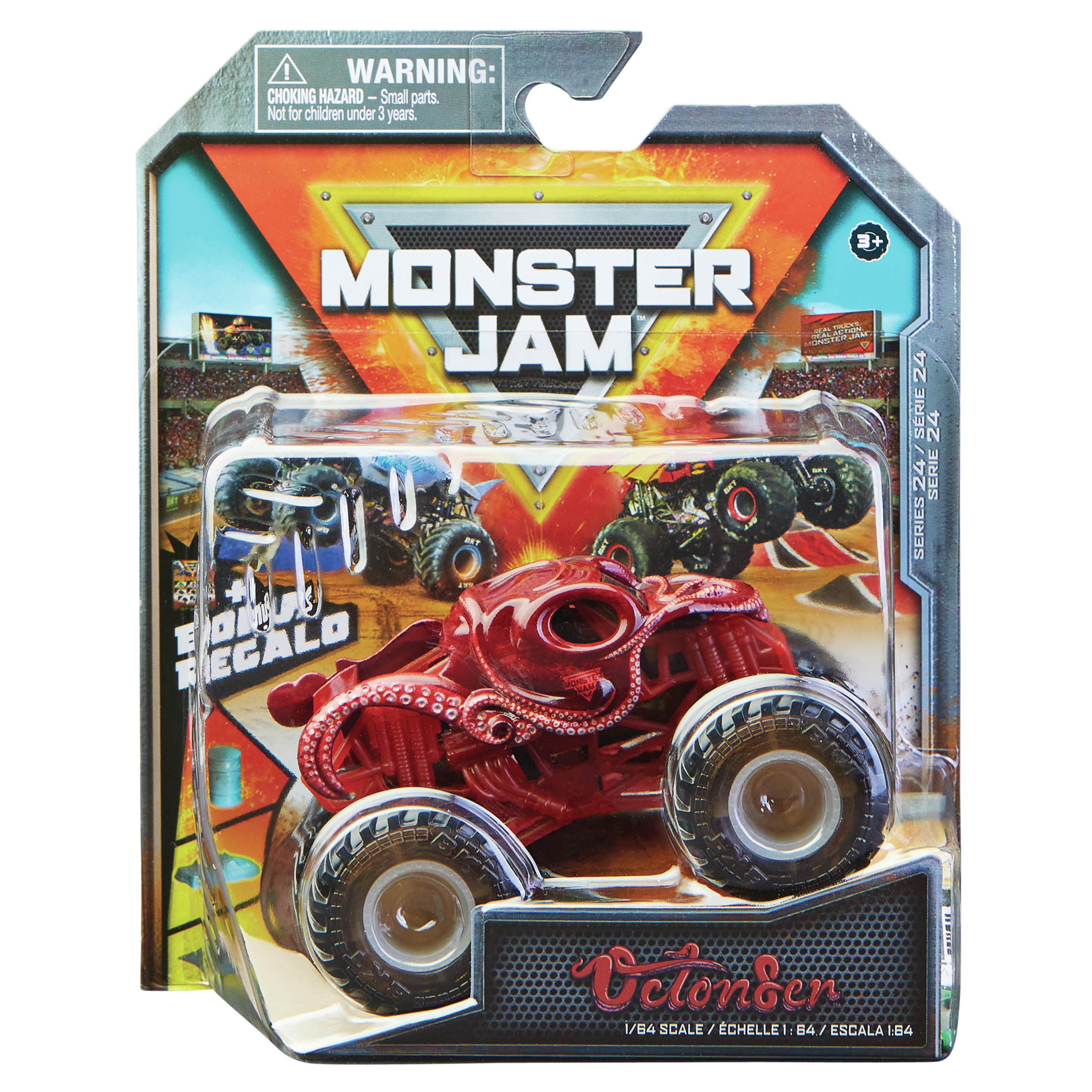Czerwona zabawka ciężarówki potwora, Octender, w plastikowym opakowaniu. Opakowanie ma logo Monster Jam.