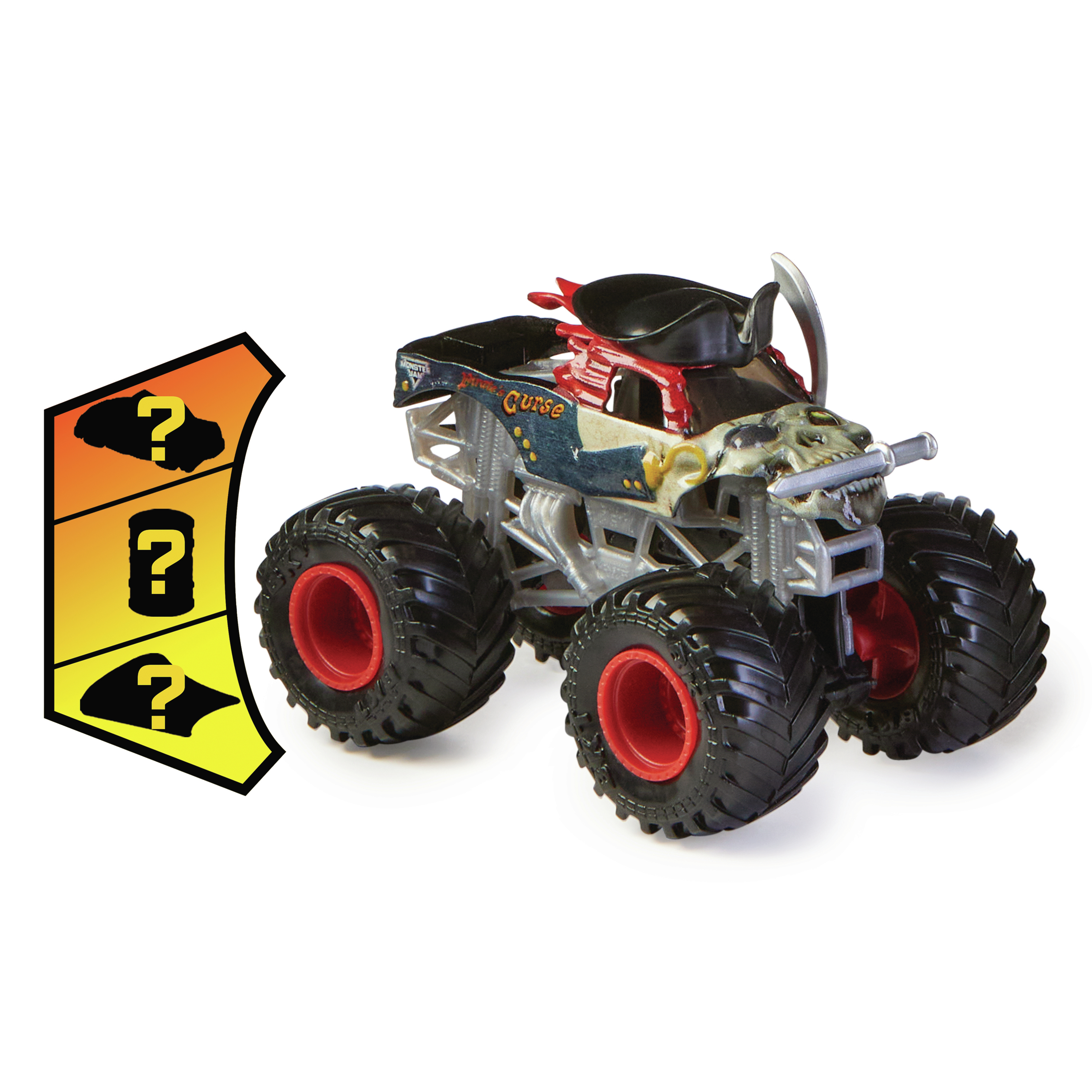 Zabawkowa ciężarówka potworów, "Curse", z czarnymi oponami i czerwonymi felgami, jest odizolowana na białym tle. Ma wzór czaszki.