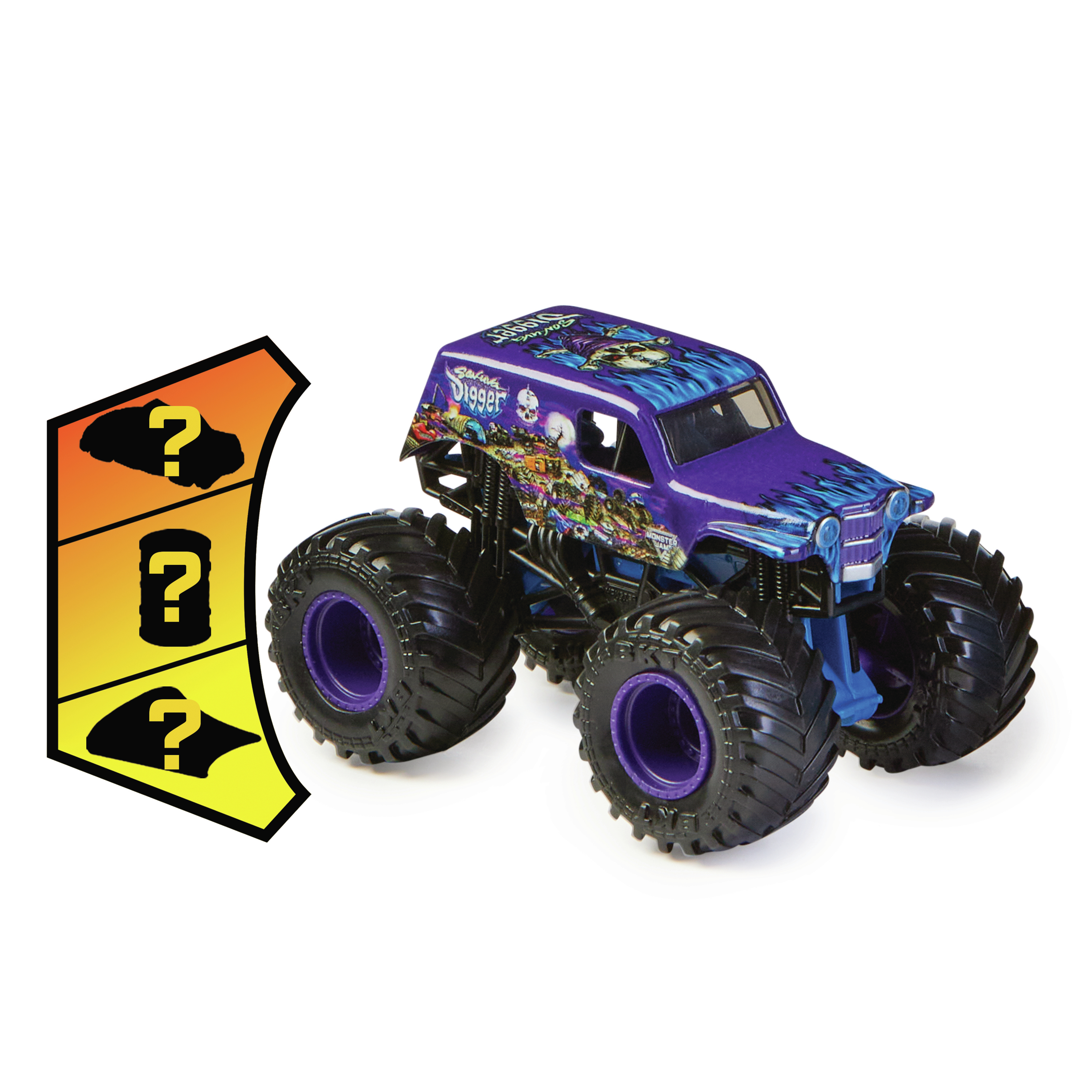 Ciężarówka Monster Jam Grave Digger z fioletowo-niebieskim wzorem. Czarne opony z fioletowymi felgami. Białe tło.