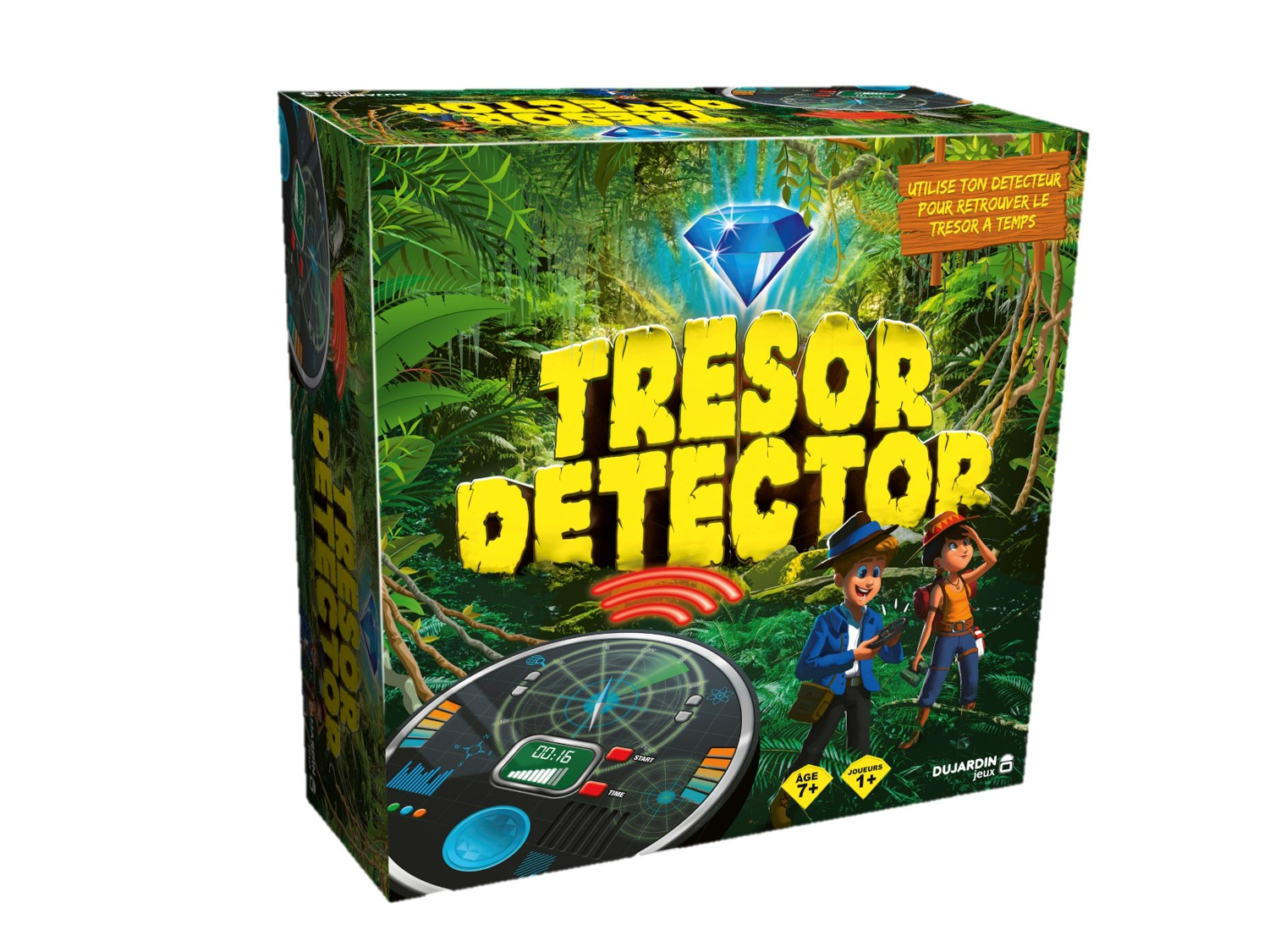 Doosontwerp voor een spel genaamd Trésor Detector. Het toont een junglescène met twee stripfiguren en een detector.