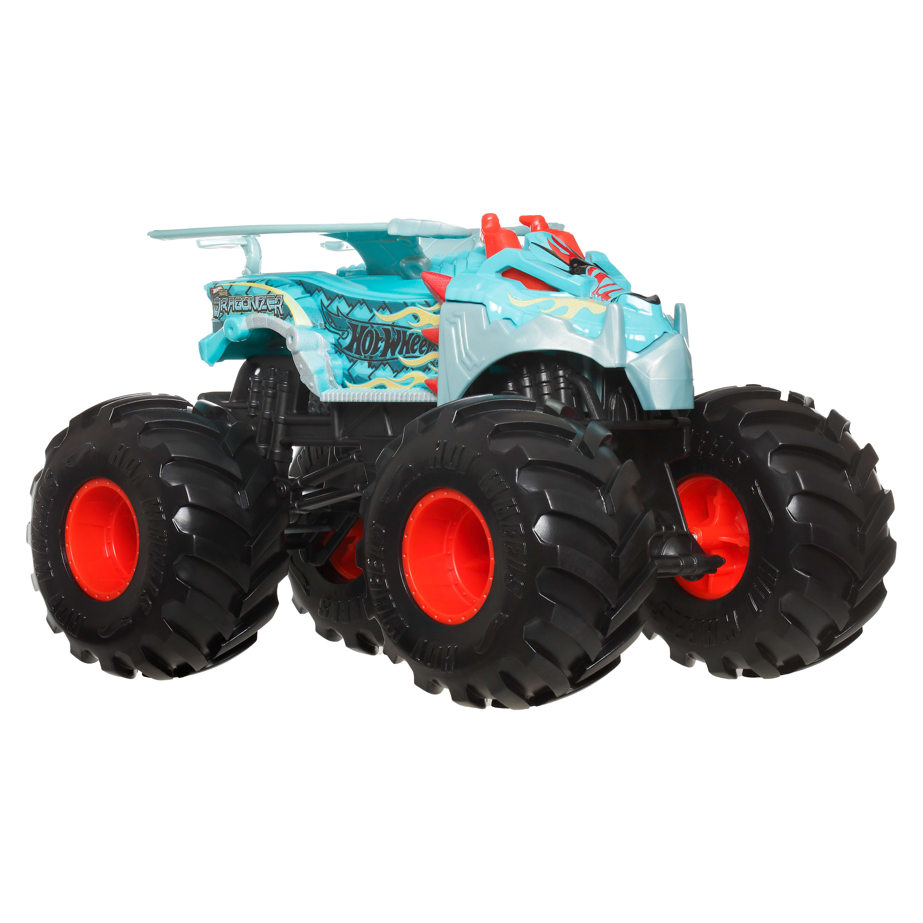 Ein Hot Wheels Monstertruck-Spielzeug. Es hat ein blaues Drachendesign, große schwarze Reifen und rote Radmitten.