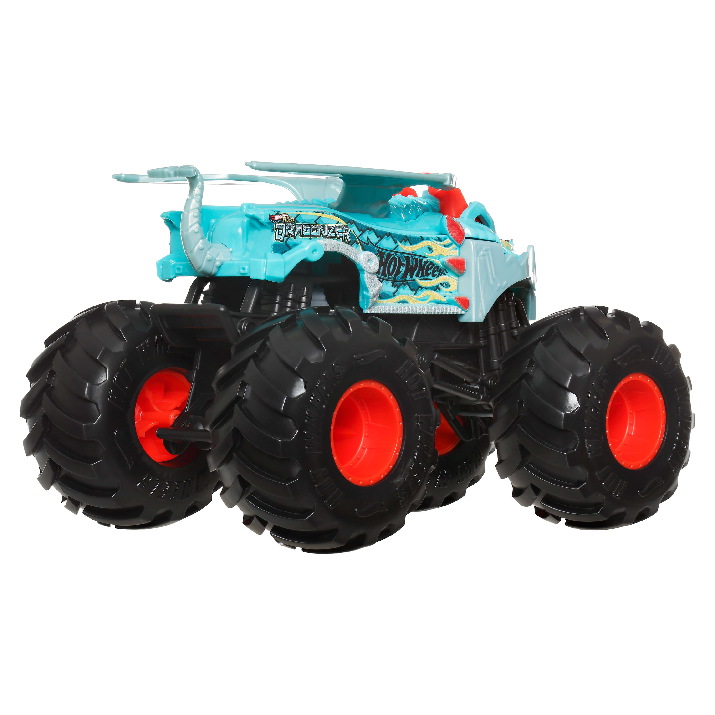 Ein blauer Hot Wheels Dragonzer Monster Truck. Er hat große schwarze Räder mit roten Felgen und Drachendetails.
