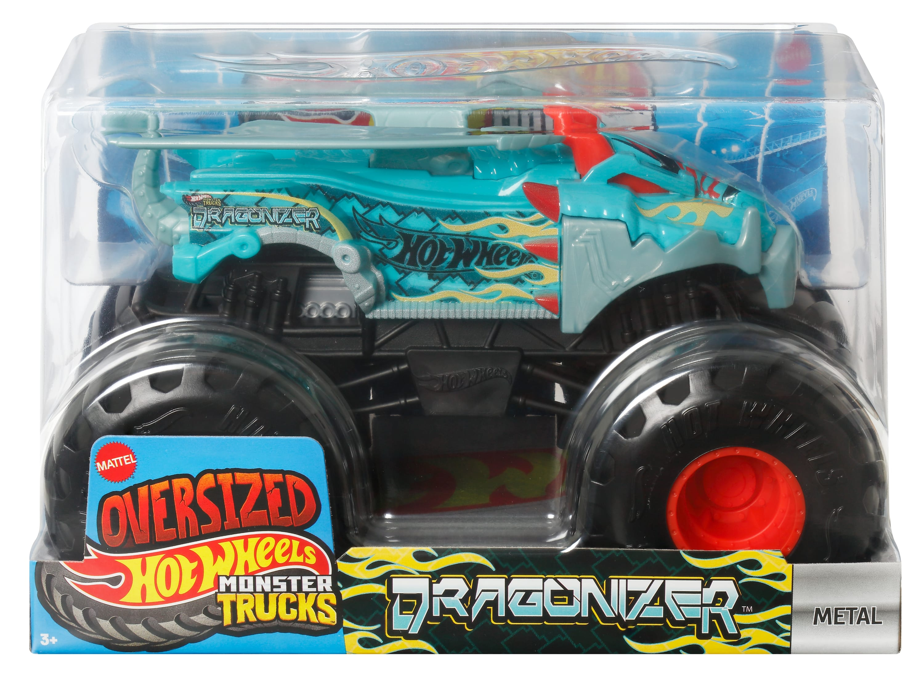 Ein Hot Wheels Dragonizer Monstertruck in einer transparenten Kunststoffverpackung. Der Truck ist türkis mit roten Akzenten und schwarzen Reifen.
