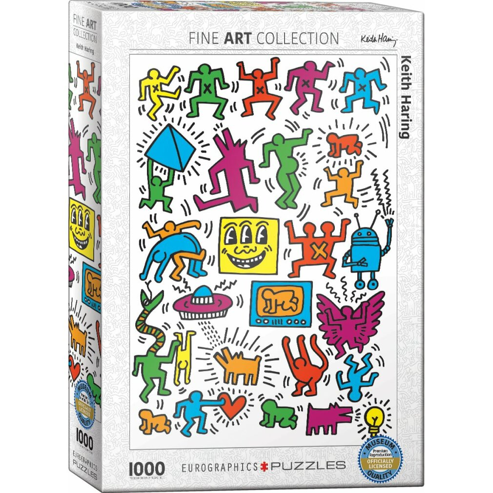 Puzzledose mit Keith Haring-Kunst. Bunte Figuren, Formen und Symbole. Die Box ist weiß mit Text und Logos.