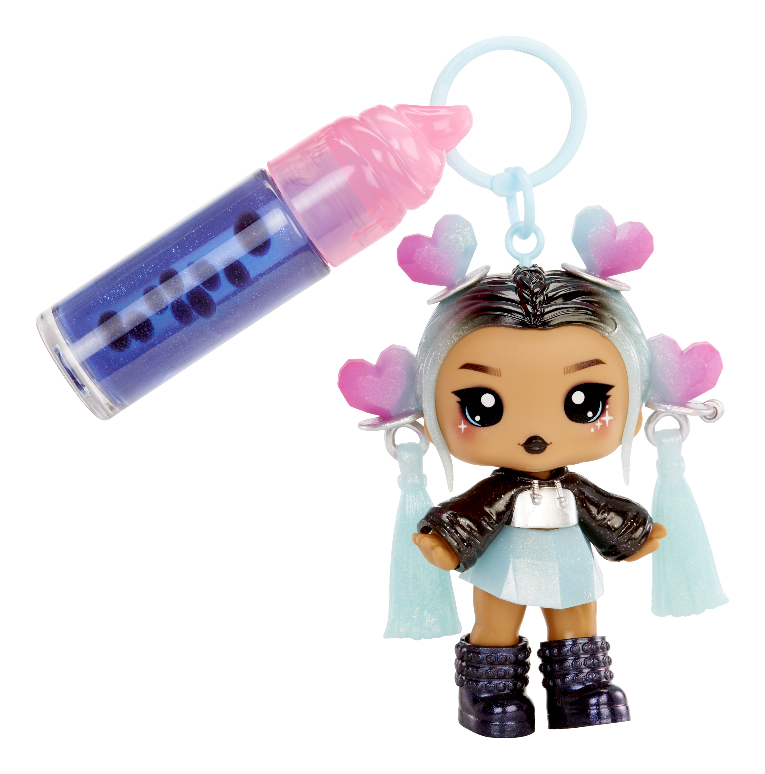 Eine Puppe mit blauem Haar und einem rosafarbenen Lippenstift ist abgebildet. Die Puppe hat herzförmige Haaraccessoires.