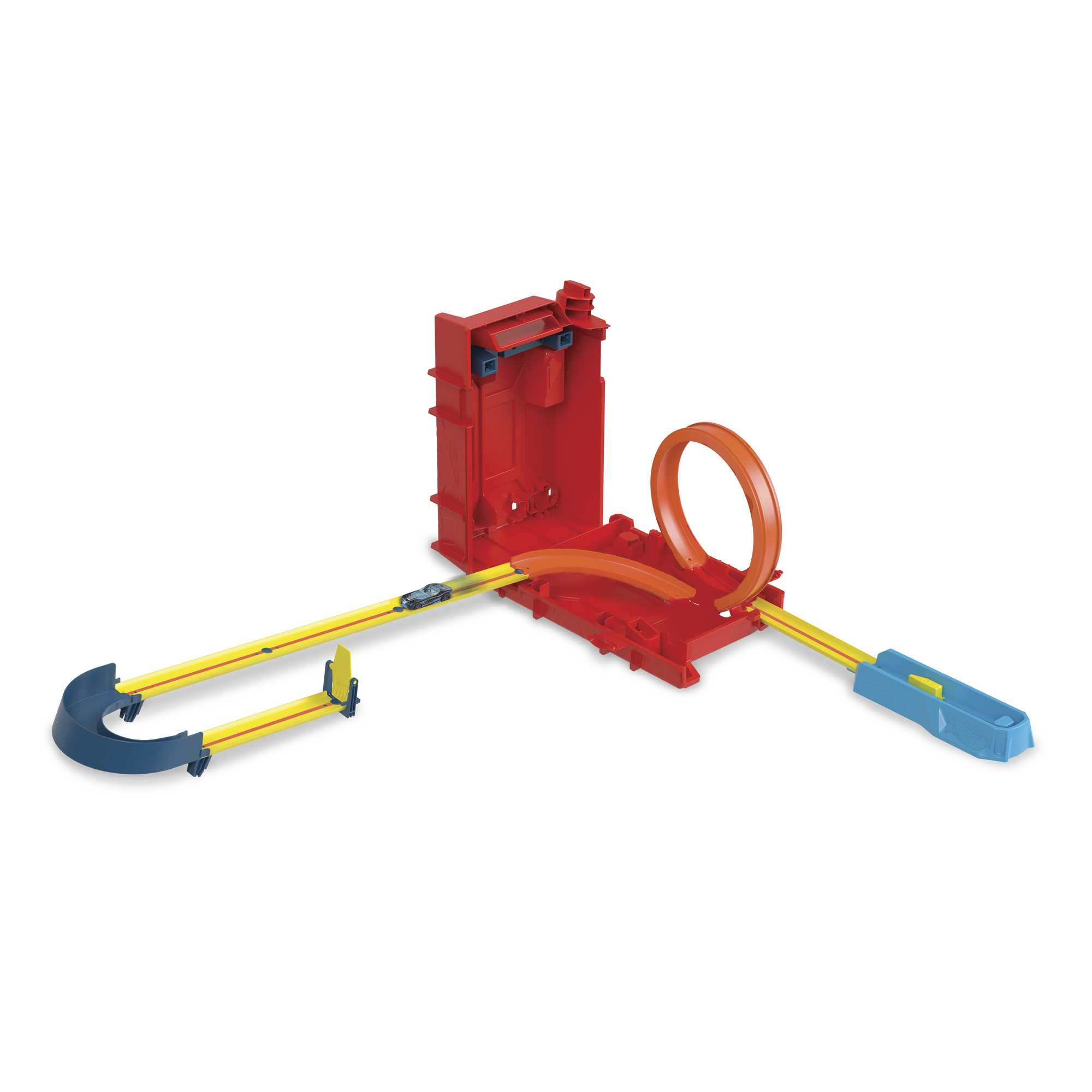 Czerwony tor Hot Wheels z pętlą. Obecne są również żółte i niebieskie tory. Mały samochód stoi na torze.
