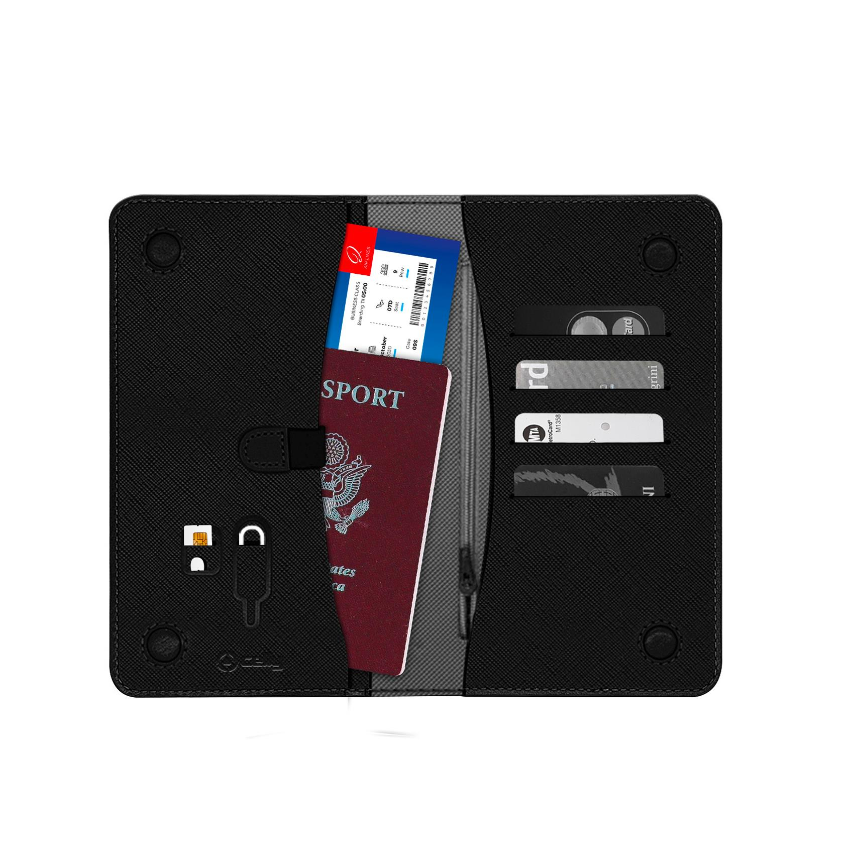Schwarzes Portemonnaie mit Reisepass, Bordkarte und Karten. Enthält einen SIM-Karten-Slot und einen Telefon-Pin.