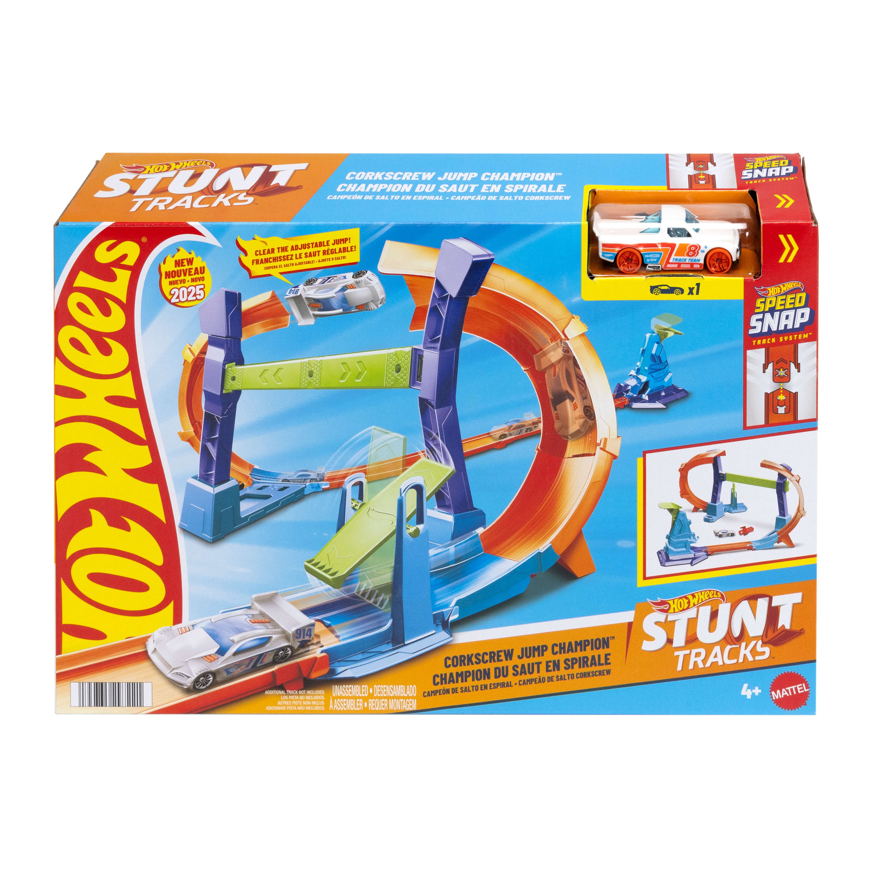 Grafika pudełka zestawu Hot Wheels. Przedstawia tor wyścigowy z niebieskimi, pomarańczowymi i zielonymi elementami oraz samochodzikami.