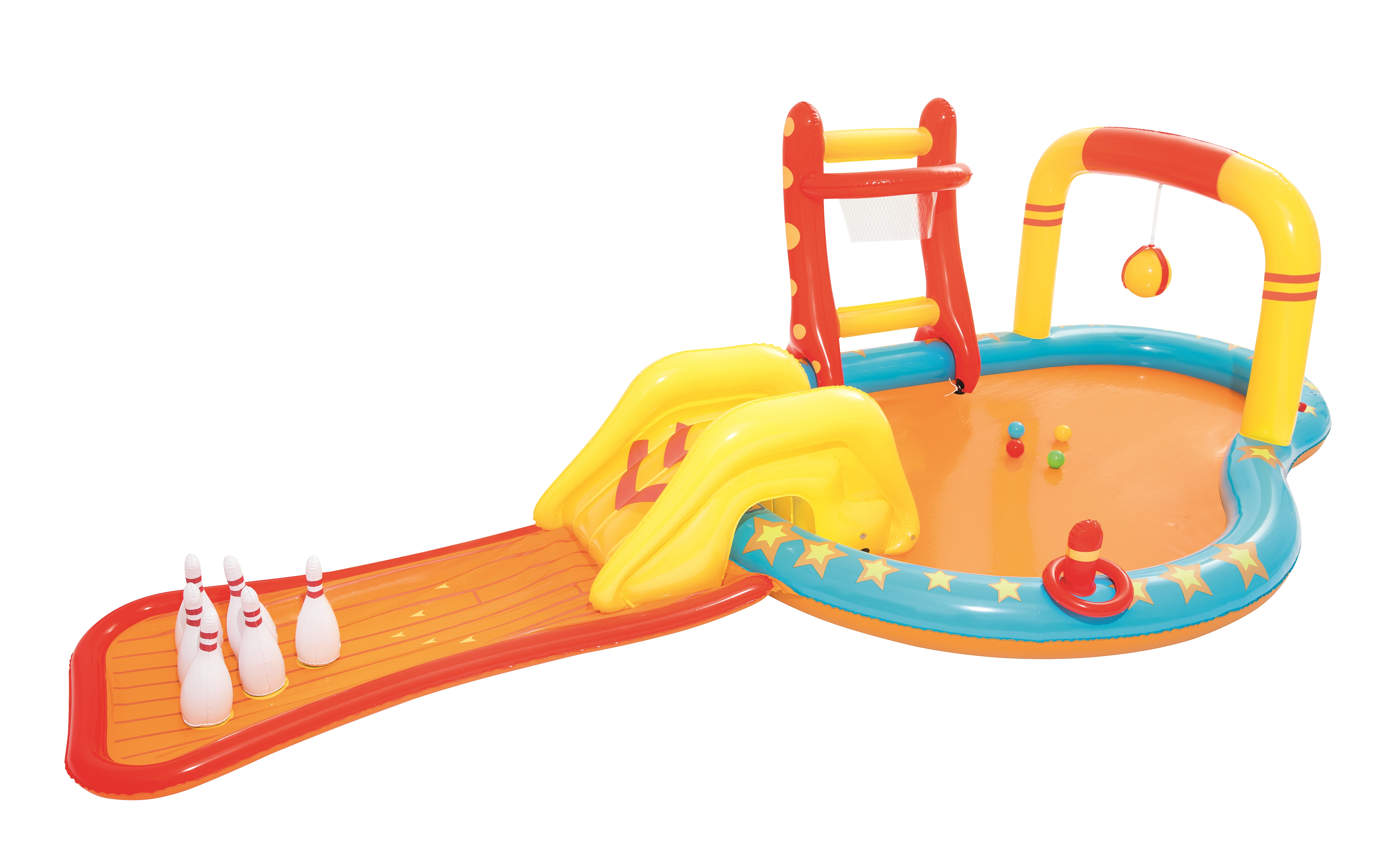 Nadmuchiwany park wodny z torem do kręgli, zjeżdżalnią, koszem do koszykówki i grą w rzucanie pierścieniami. Zawiera kule i kręgle.