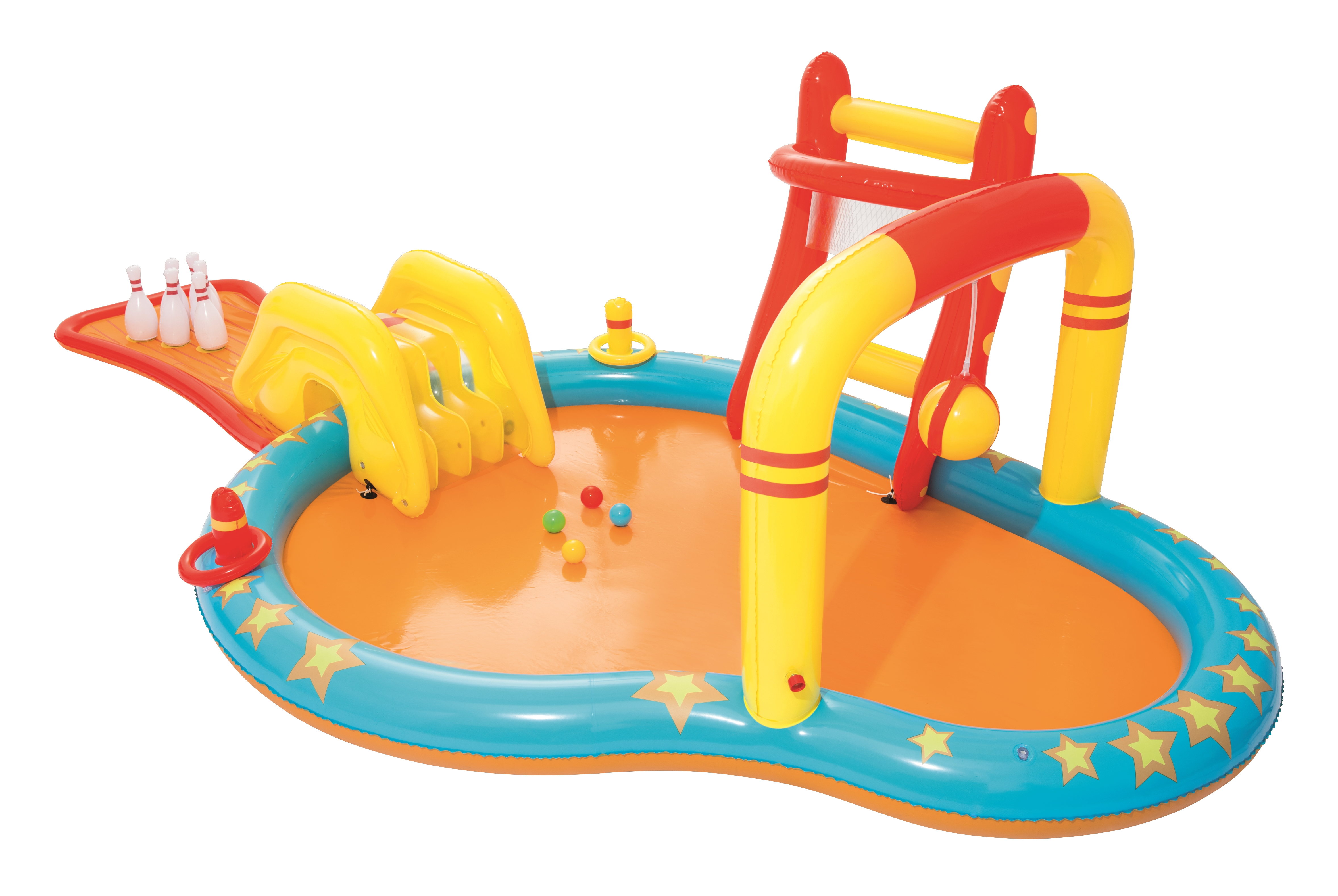 Nadmuchiwane centrum zabaw z kręglami, zjeżdżalnią i obręczą, w basenie z kolorowymi piłkami i gwiazdkami.