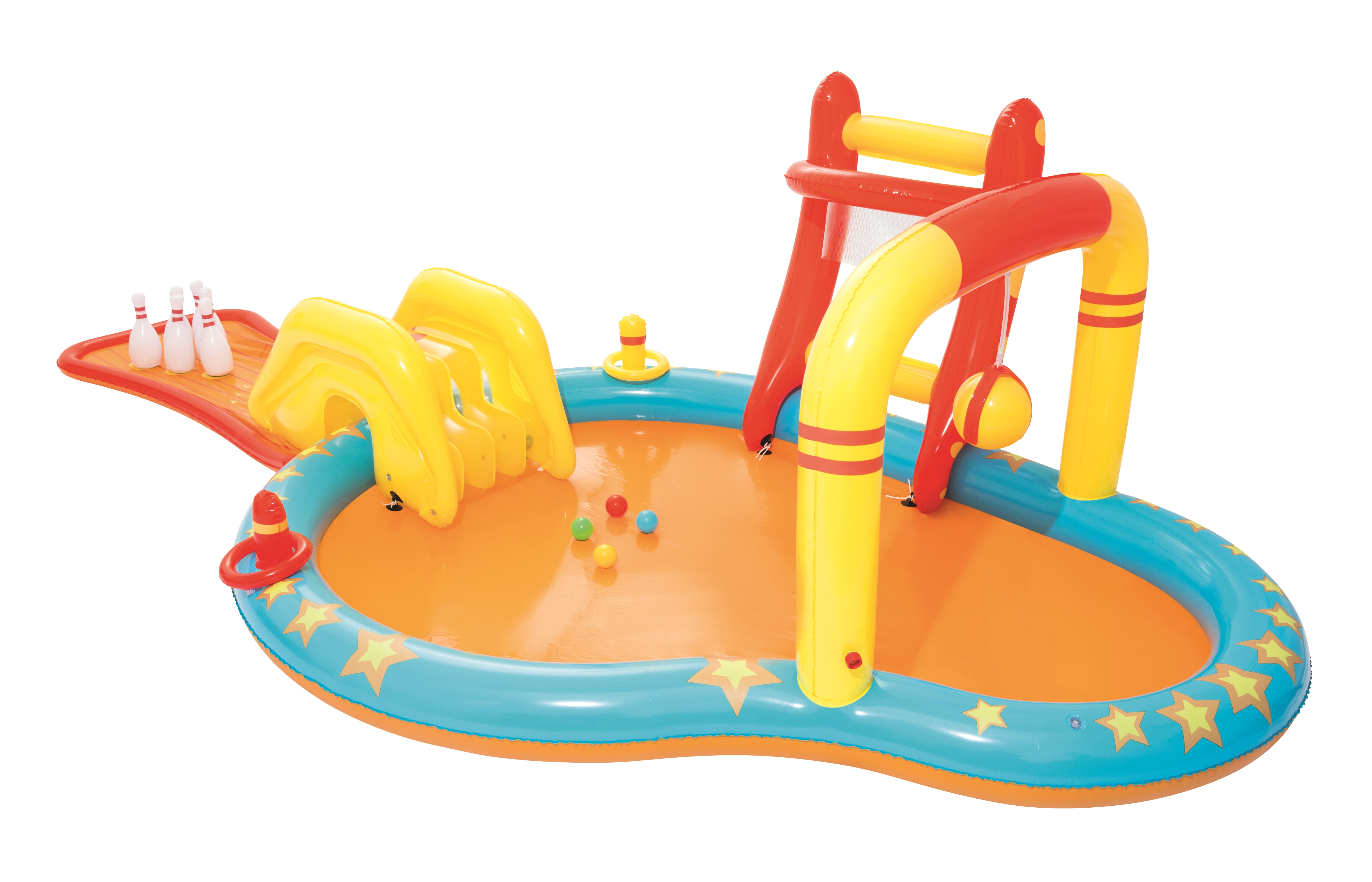 Nadmuchiwane centrum zabaw z zestawem do kręgli, zjeżdżalnią i strefą sportową z piłką i siatką.