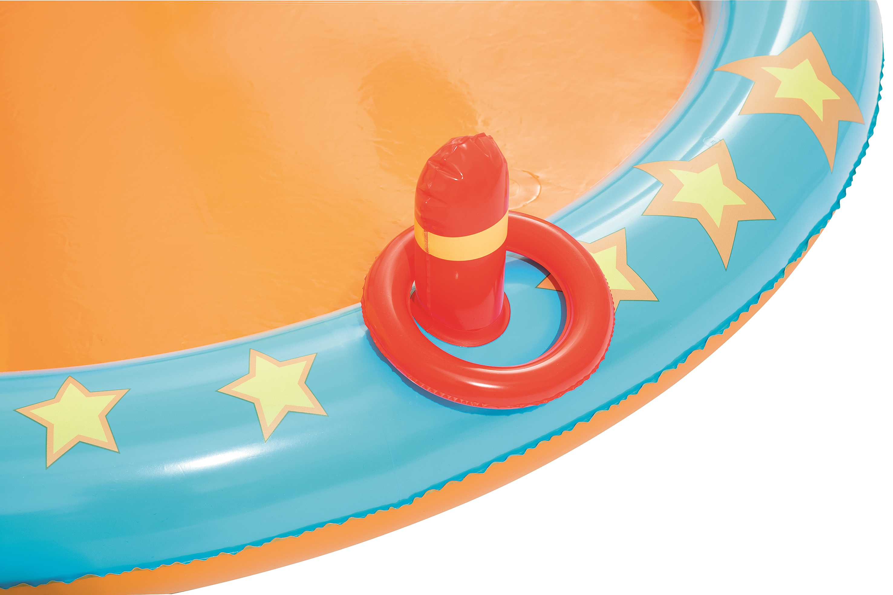 Nadmuchiwany basen z pomarańczowym wnętrzem, niebieską krawędzią ze złotymi gwiazdami i czerwonym kołem.