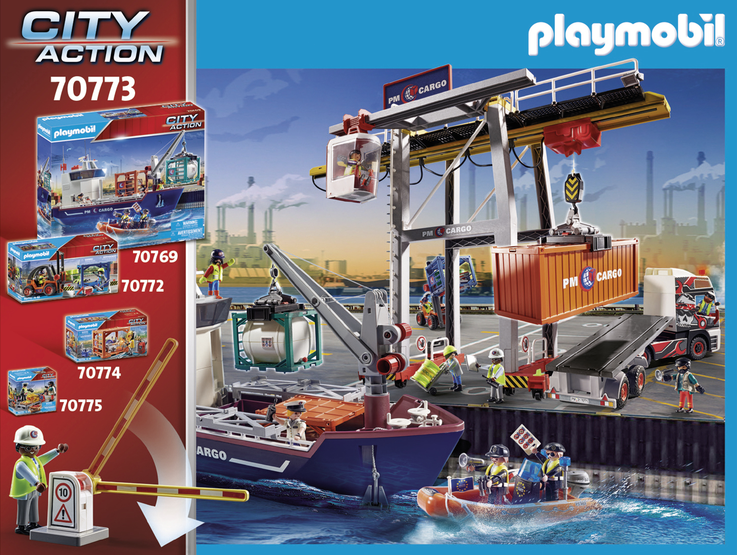 Eine Playmobil-Frachthafenszene. Enthält ein Schiff, einen Kran, Container, Lastwagen und kleine Boote. Figuren arbeiten rund um den Hafen.