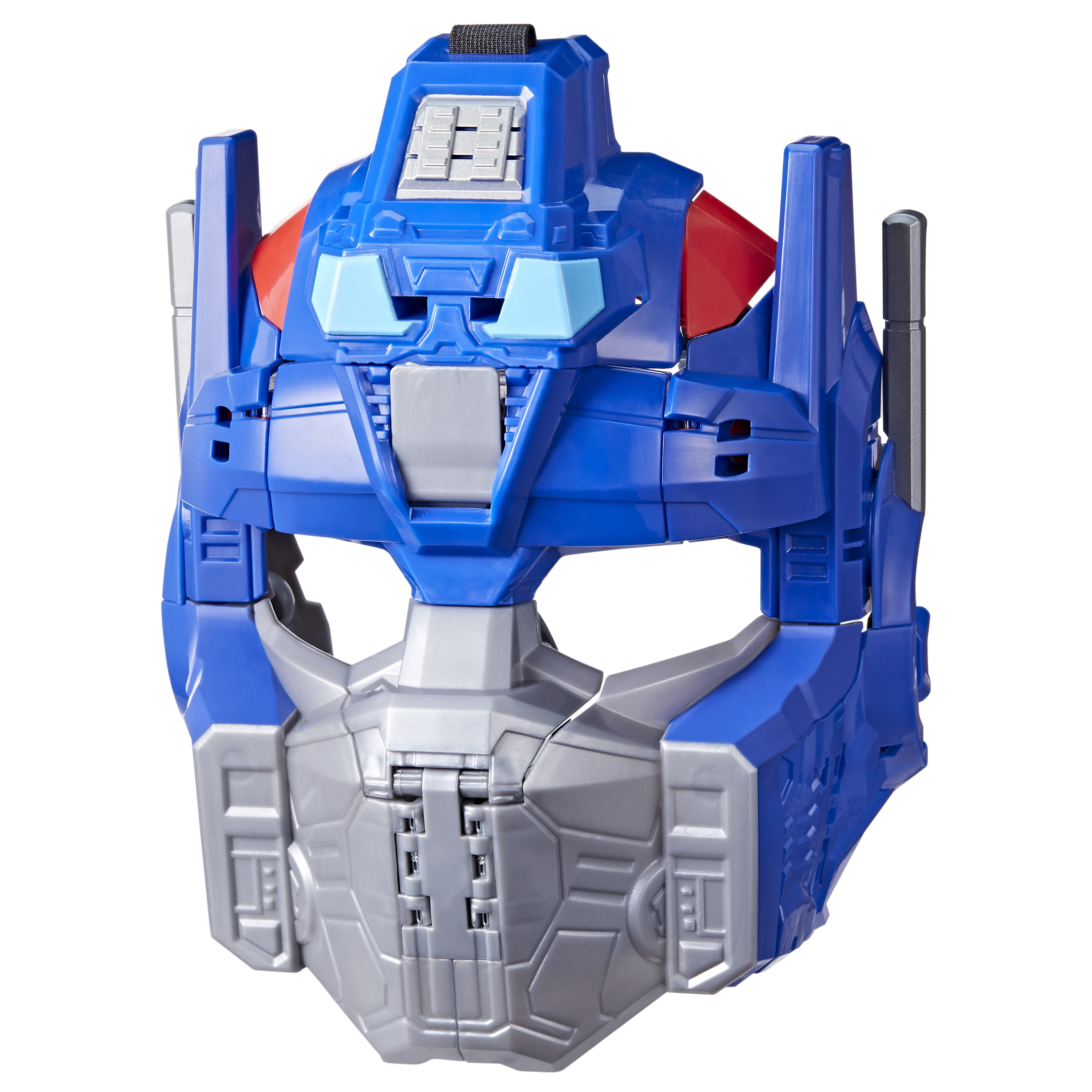 Una máscara azul y plateada de Optimus Prime, con detalles rojos. Tiene una correa negra arriba, aislada en blanco.