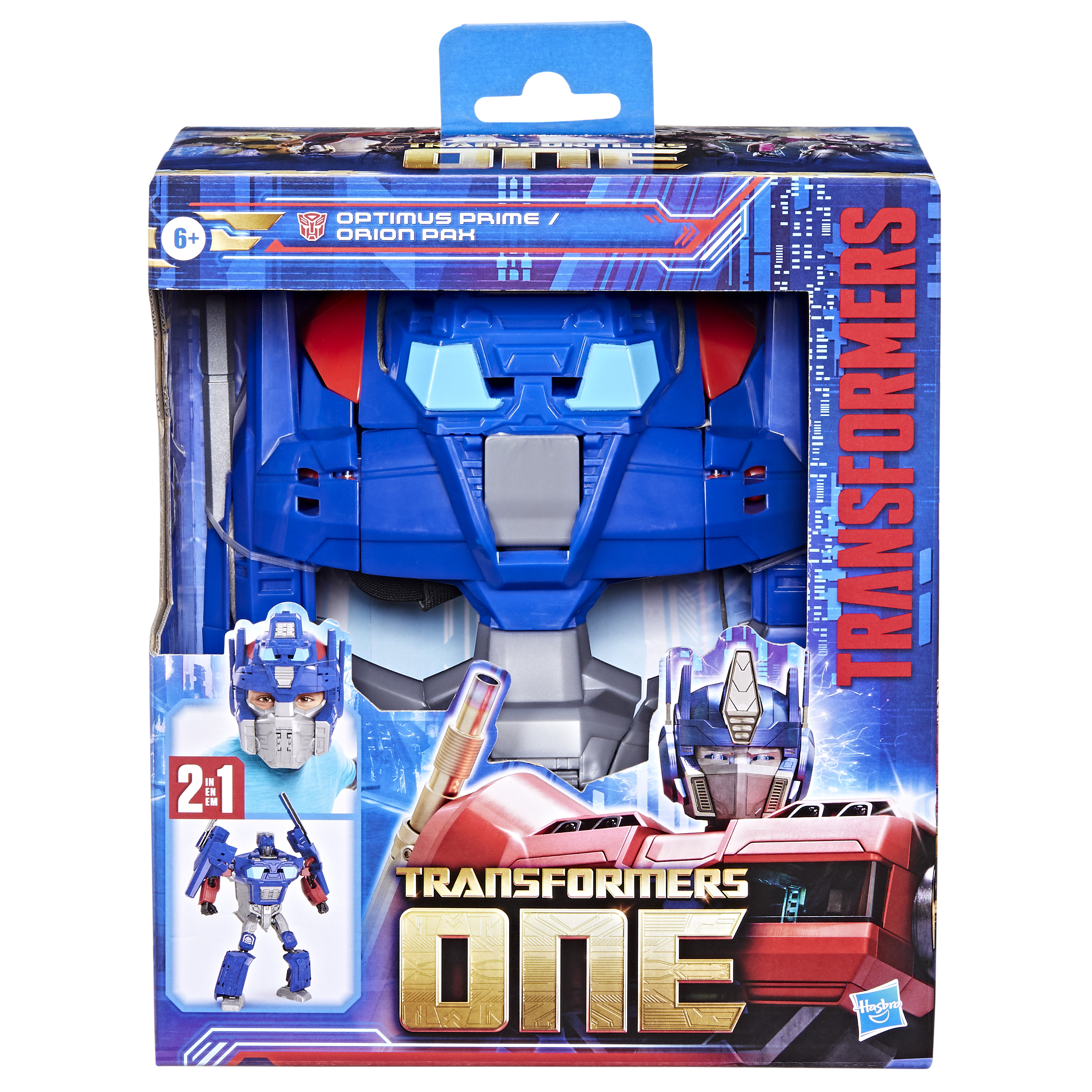 Una caja de juguetes Transformers. Juguete robot azul dentro. El texto dice 'Transformers ONE' y 'Optimus Prime'.