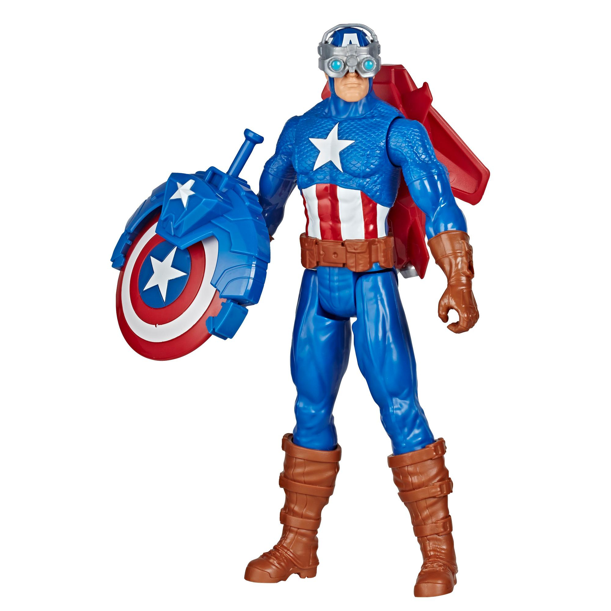 Action figure di Capitan America. Abito blu, occhiali, scudo rosso e bianco, stivali marroni. Stella bianca.