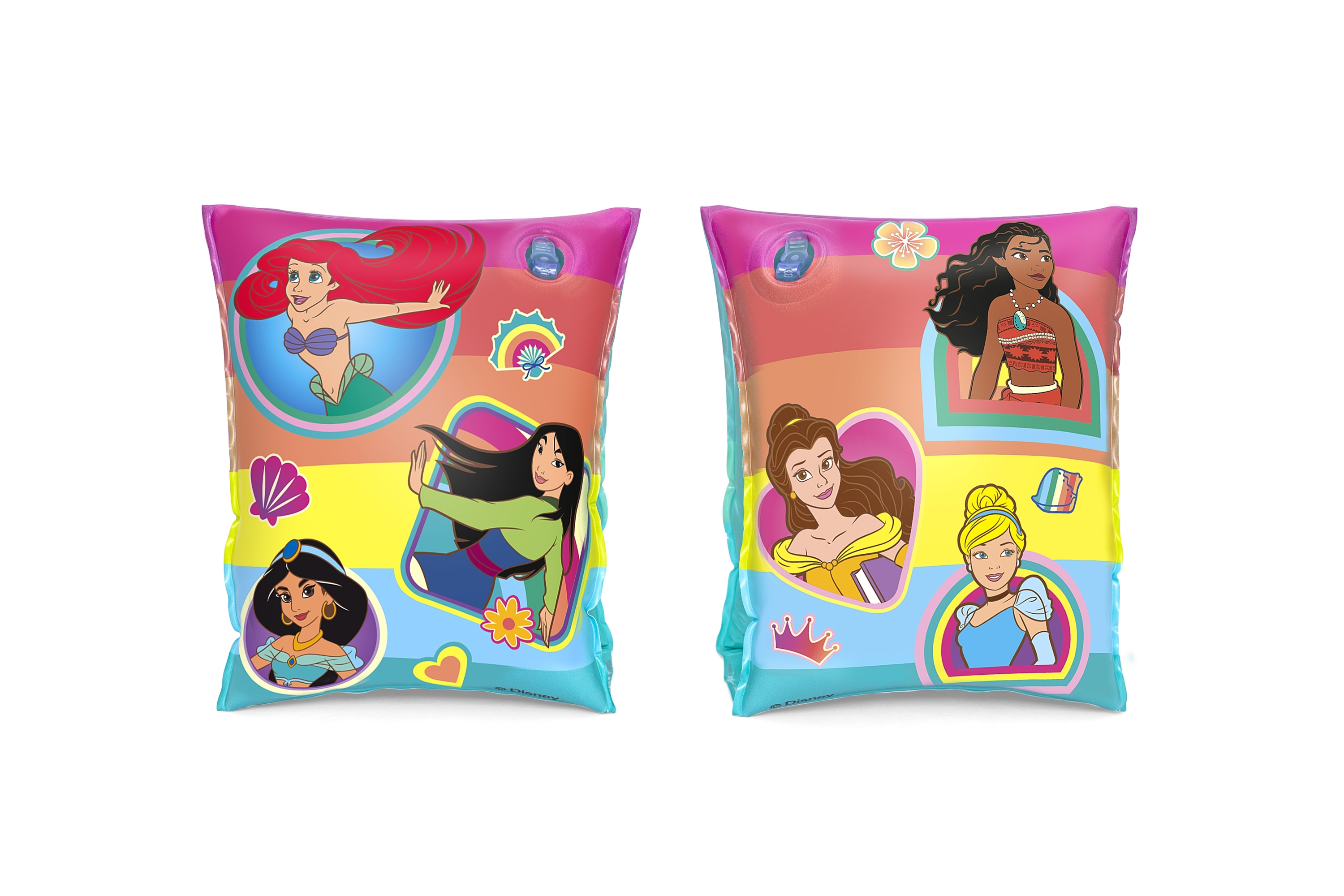 Dos flotadores de brazo inflables con princesas Disney: Ariel, Mulan, Jasmín, Bella, Cenicienta y Moana. Rosa, azul, amarillo.