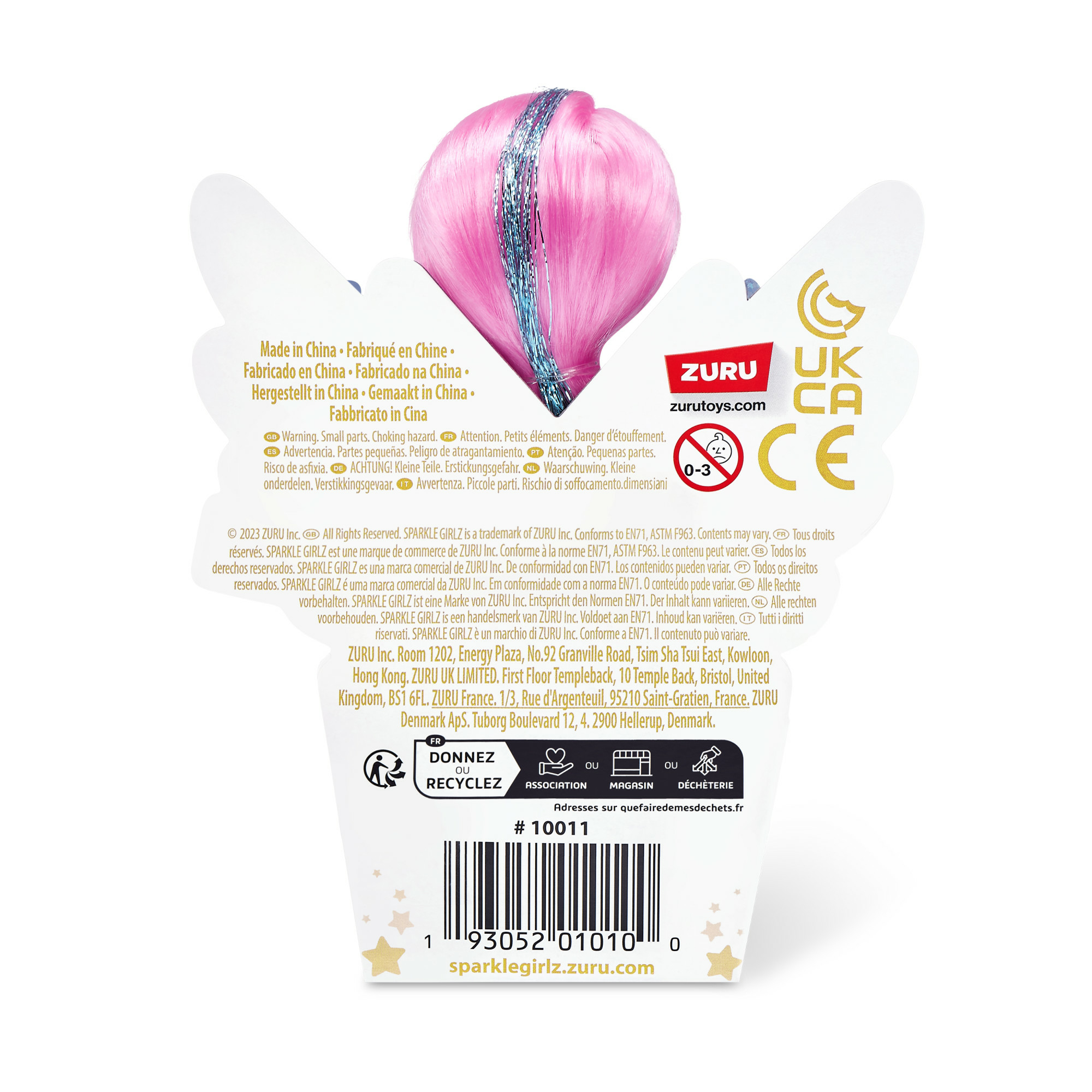 Rosa Perücke mit blauem Lametta, UKCA-Logo und ZURU-Logo auf der Verpackung. Weißer Hintergrund.