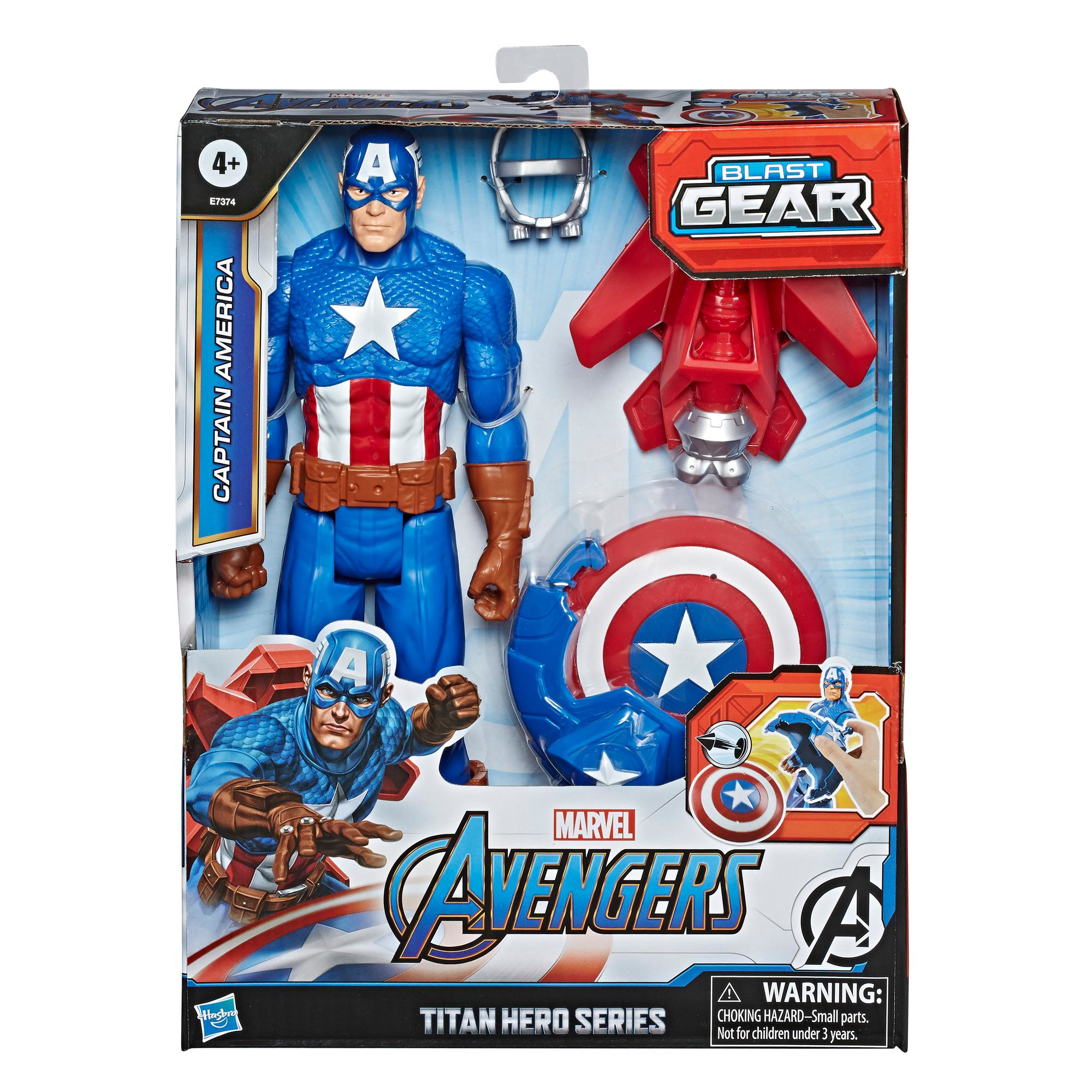 Un personaggio d'azione di Captain America in una scatola con accessori, tra cui uno scudo e un jet pack. La scatola presenta il logo degli Avengers.