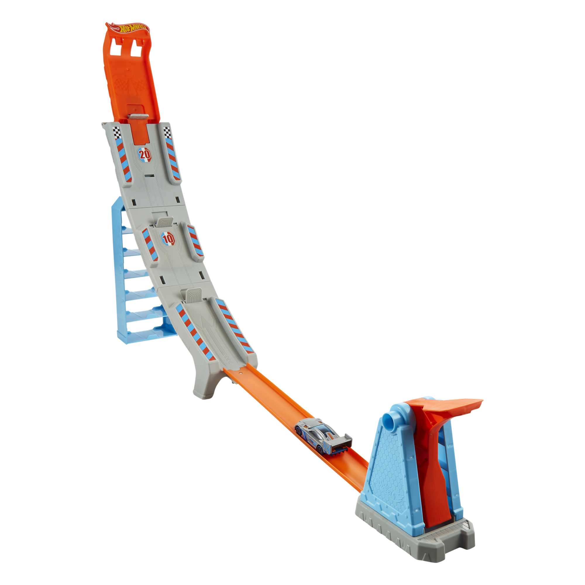 Ein Hot Wheels-Streckenset. Eine graue Strecke mit orangefarbenen und blauen Akzenten hat ein Auto unten, bereit zum Start.