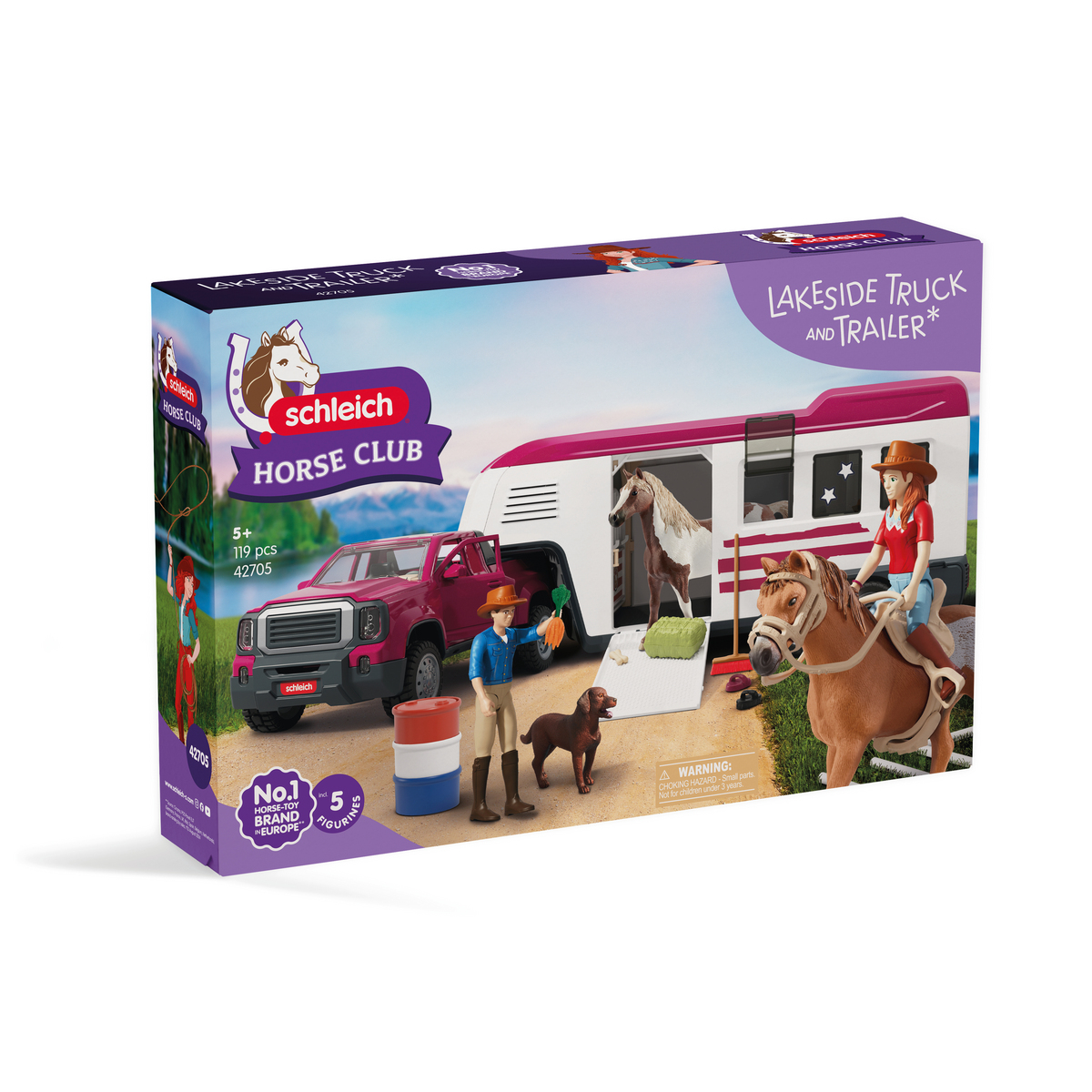 Un juego de juguetes con un camión, remolque, caballos y figuras. La caja está etiquetada como 'Schleich Horse Club Lakeside Truck and Trailer'.