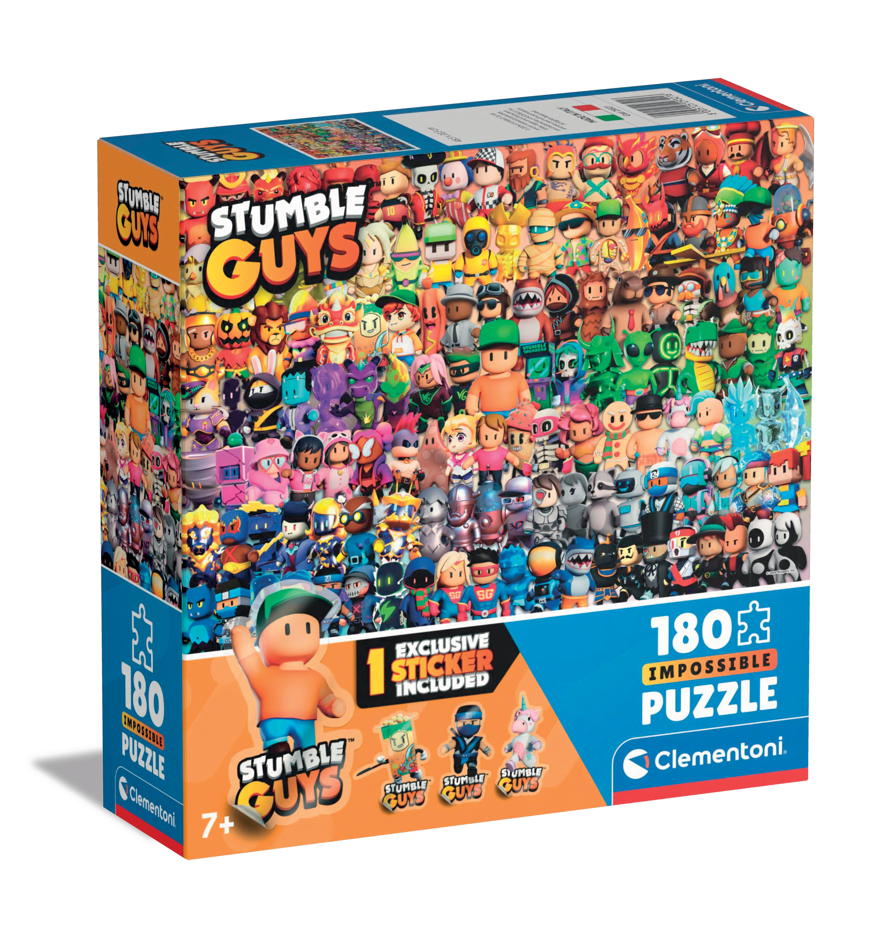 Scatola puzzle con personaggi di Stumble Guys. Figura arancione indica. Molte figure sulla scatola.