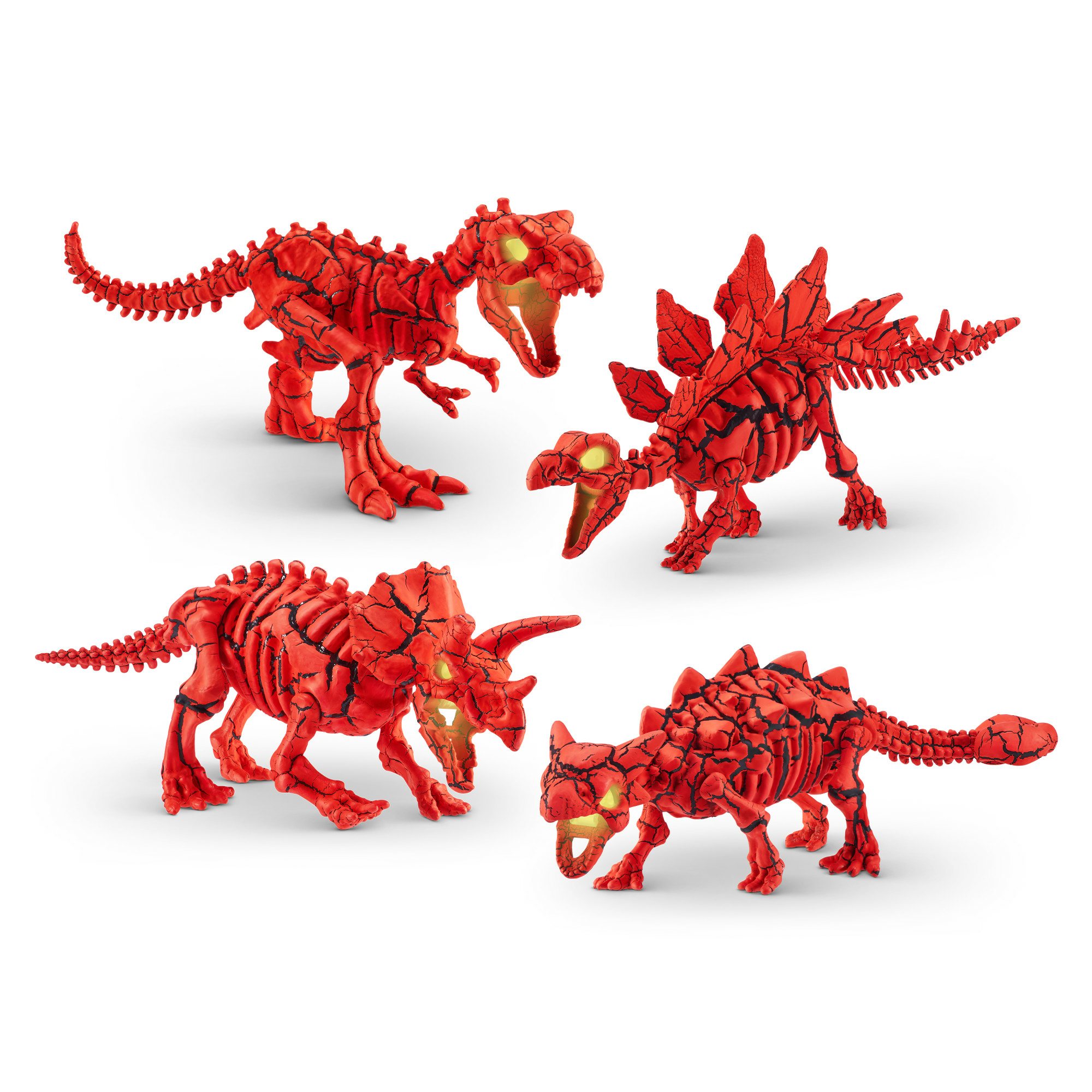 Cuatro juguetes de dinosaurios rojos con patrones de grietas negras sobre un fondo blanco. Cada uno tiene ojos amarillos brillantes.